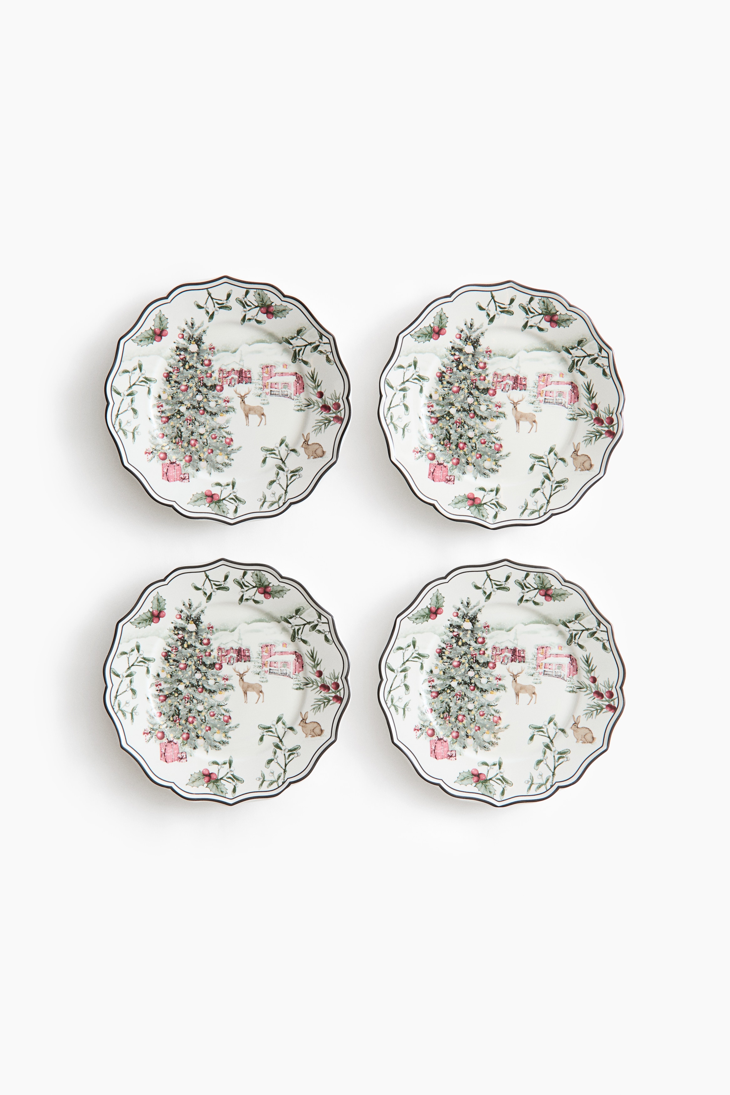 4-Pack Porcelain Appetizer Plates - White/Christmas trees