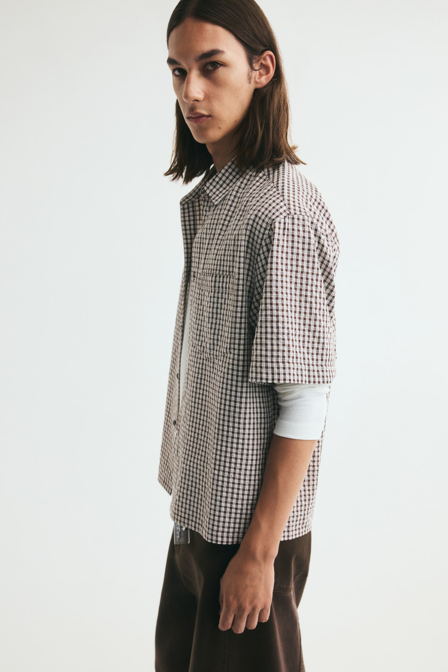 Мужская рубашка H&M Relaxed-Fit Short-Sleeved, цвет: Коричневый / Клетчатый — фото 6