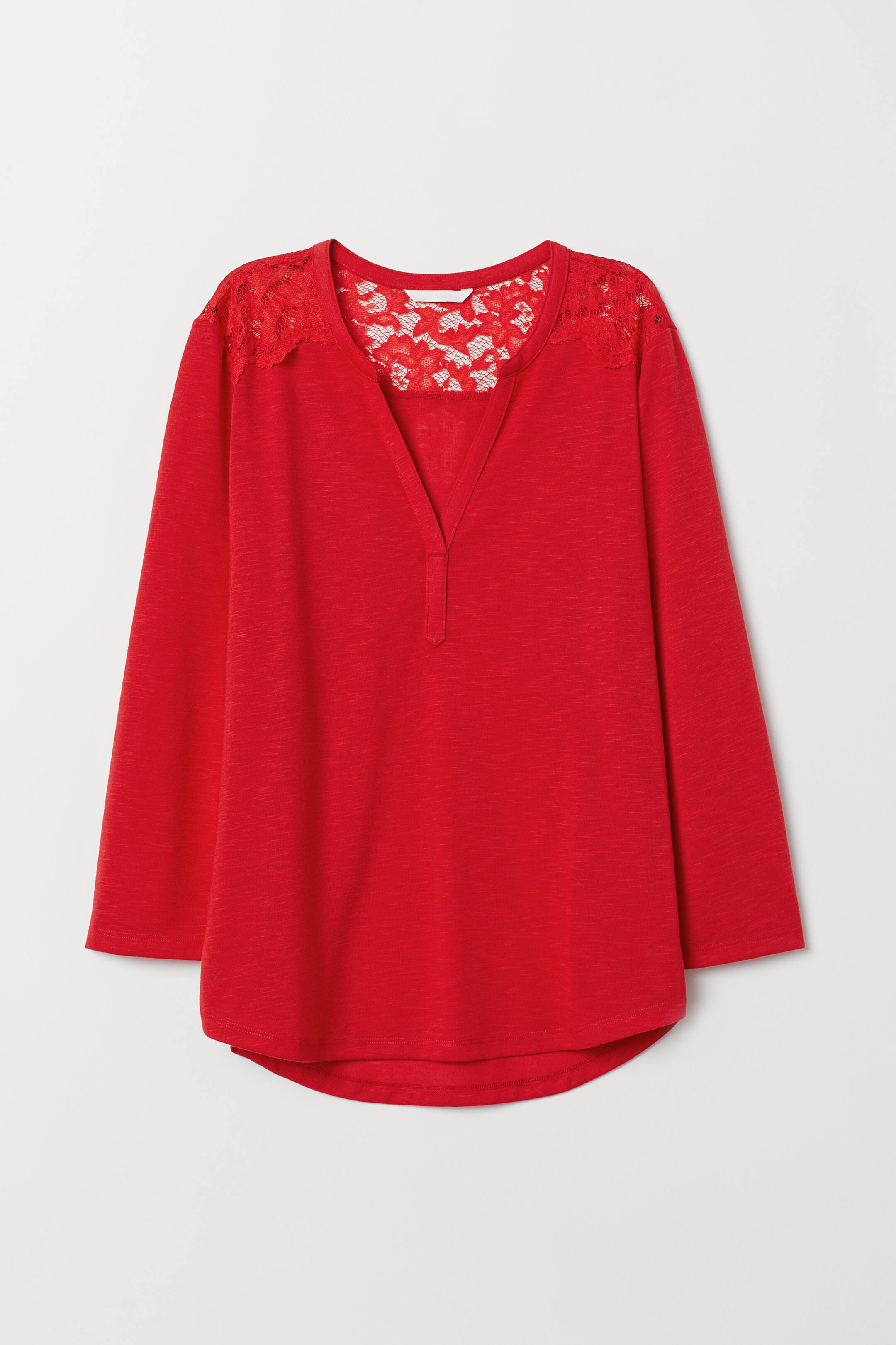 Größeres Bild ansehen: Jerseyshirt mit Spitzenpasse - Rot - Ladies | H&M DE 1