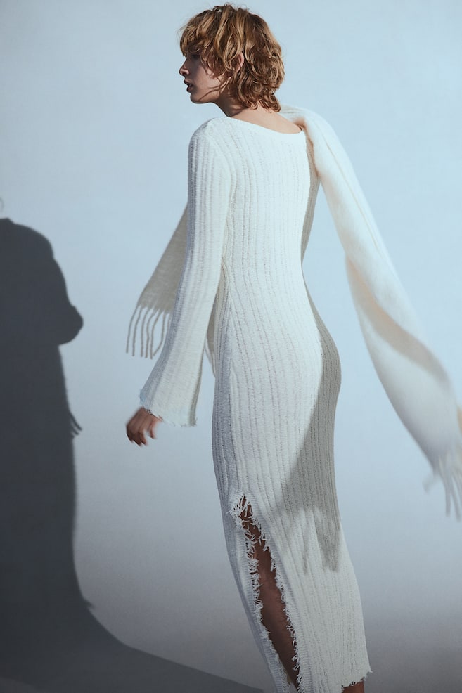 Frayed-edge rib-knit dress - Cream - 7