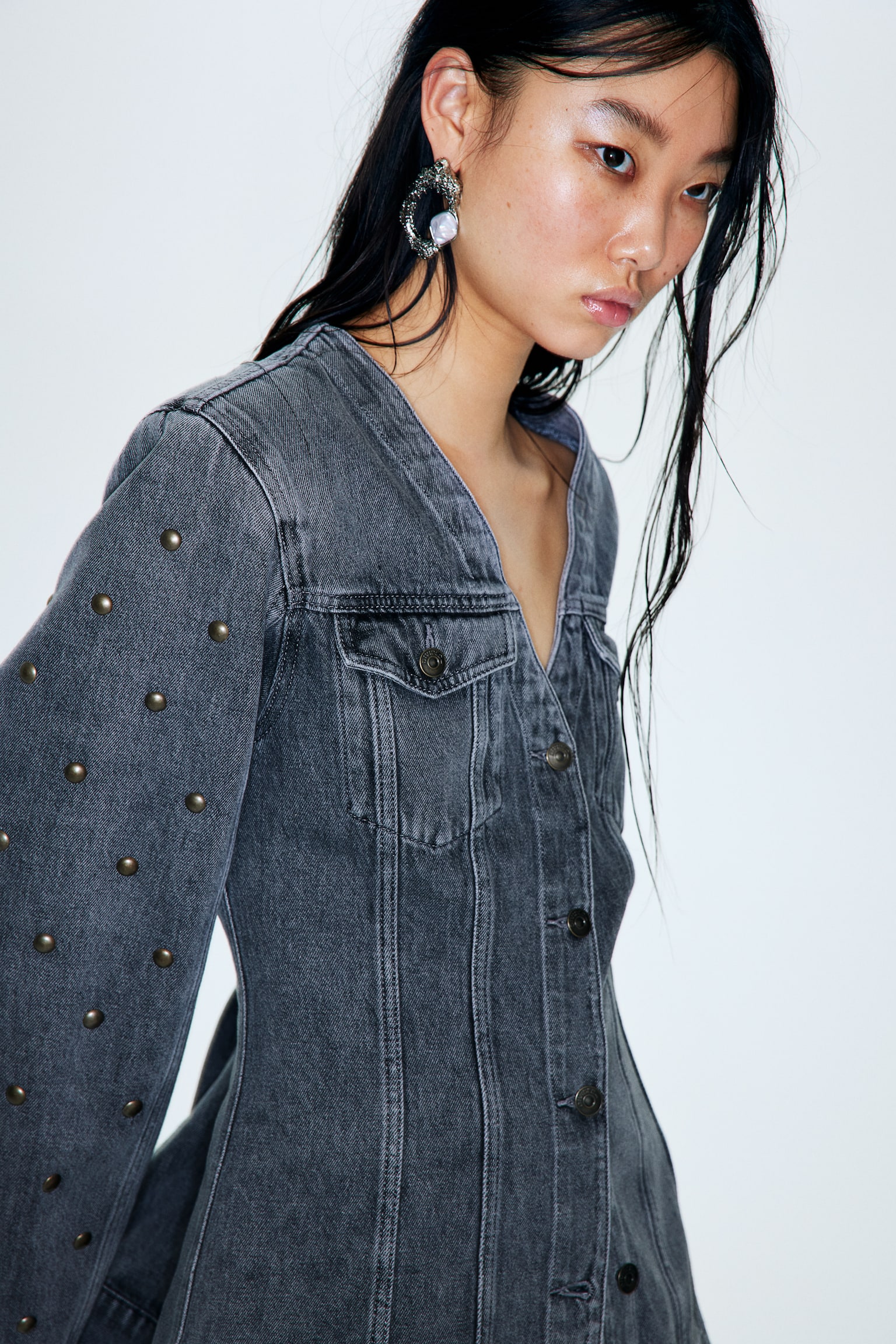 Studded denim shacket - Dark grey - 1