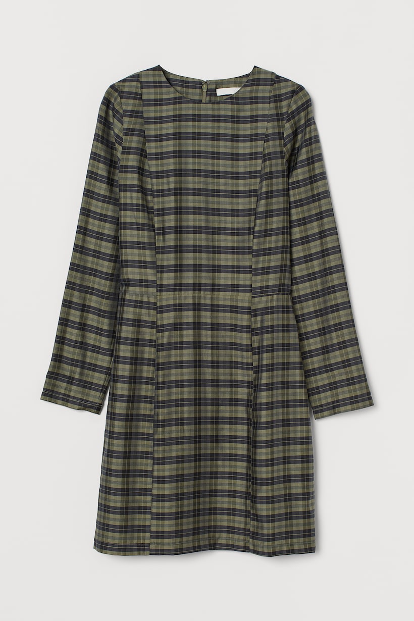 Vestito A Quadri Lungo Con Cintura In Pelle - Camicia Donna Casual, Tessuto Sintetico, Scollo A V - Foto 8