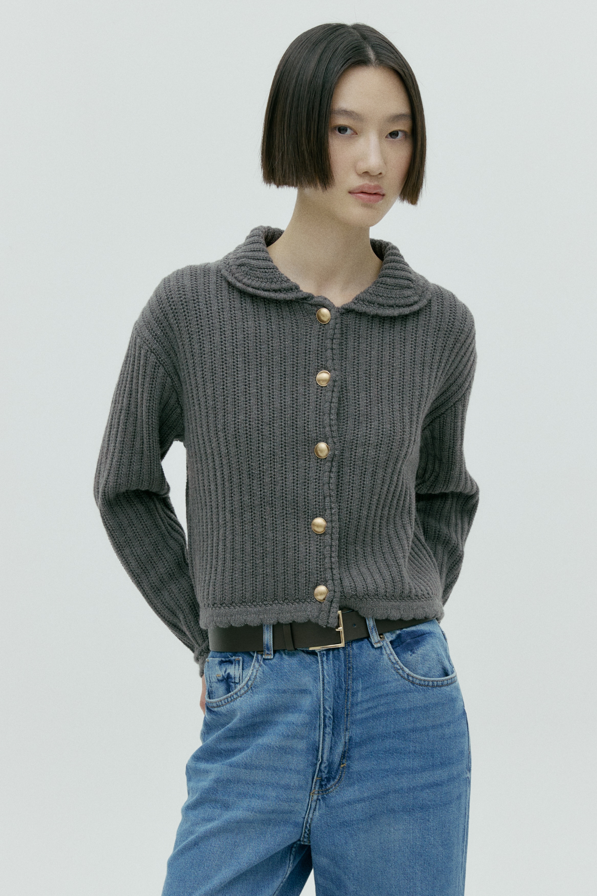 襟付きカーディガン - グレーメランジ - レディース | H&M JP