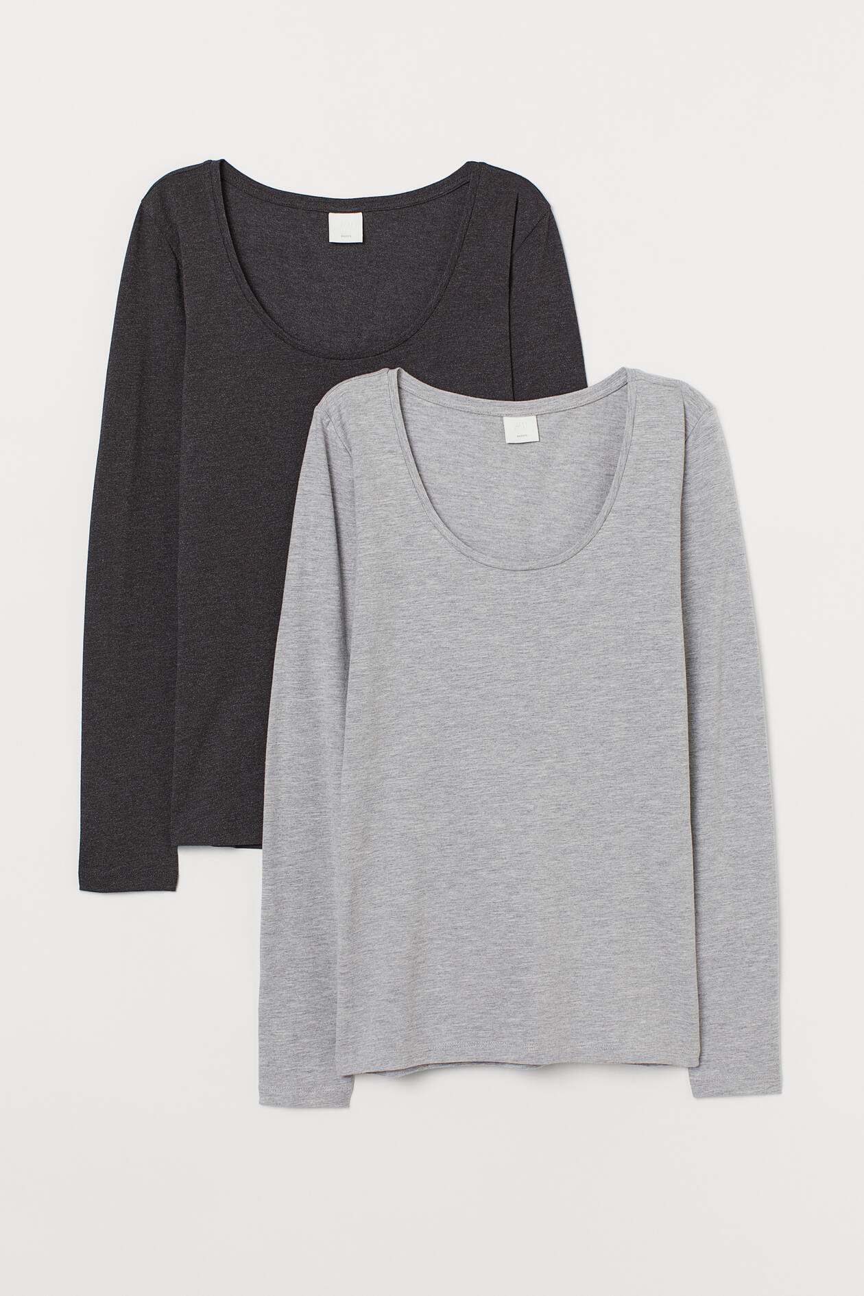 2-pack Jersey Tops - Low-cut Neckline - Long sleeve - Light gray ...