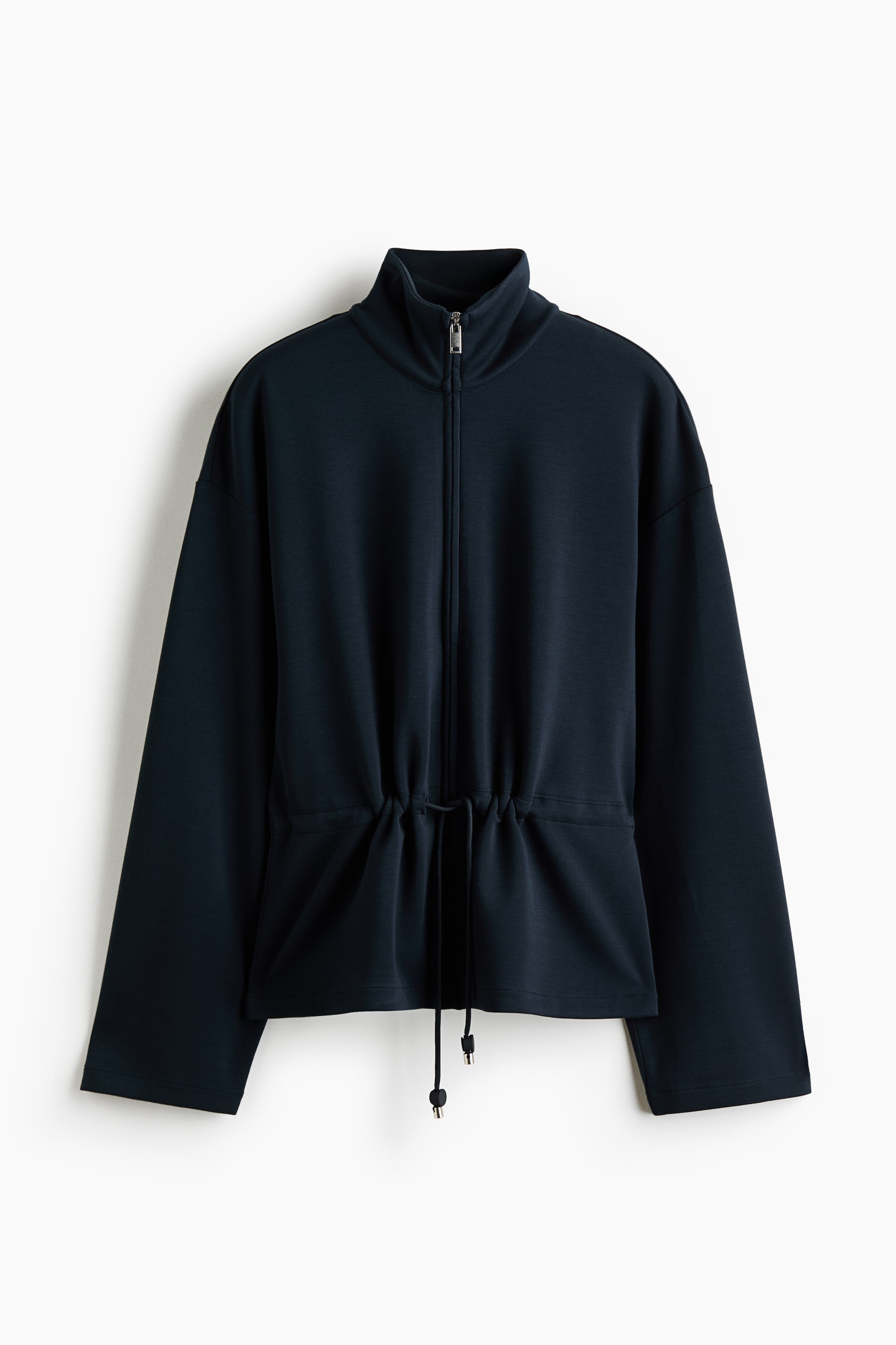 View larger image: A navy blue zip-up jacket is shown from the front, showcasing a stand collar and a full-length zipper. It features long, wide sleeves and a drawstring waist, cinching the fabric and ending with silver-toned tips.