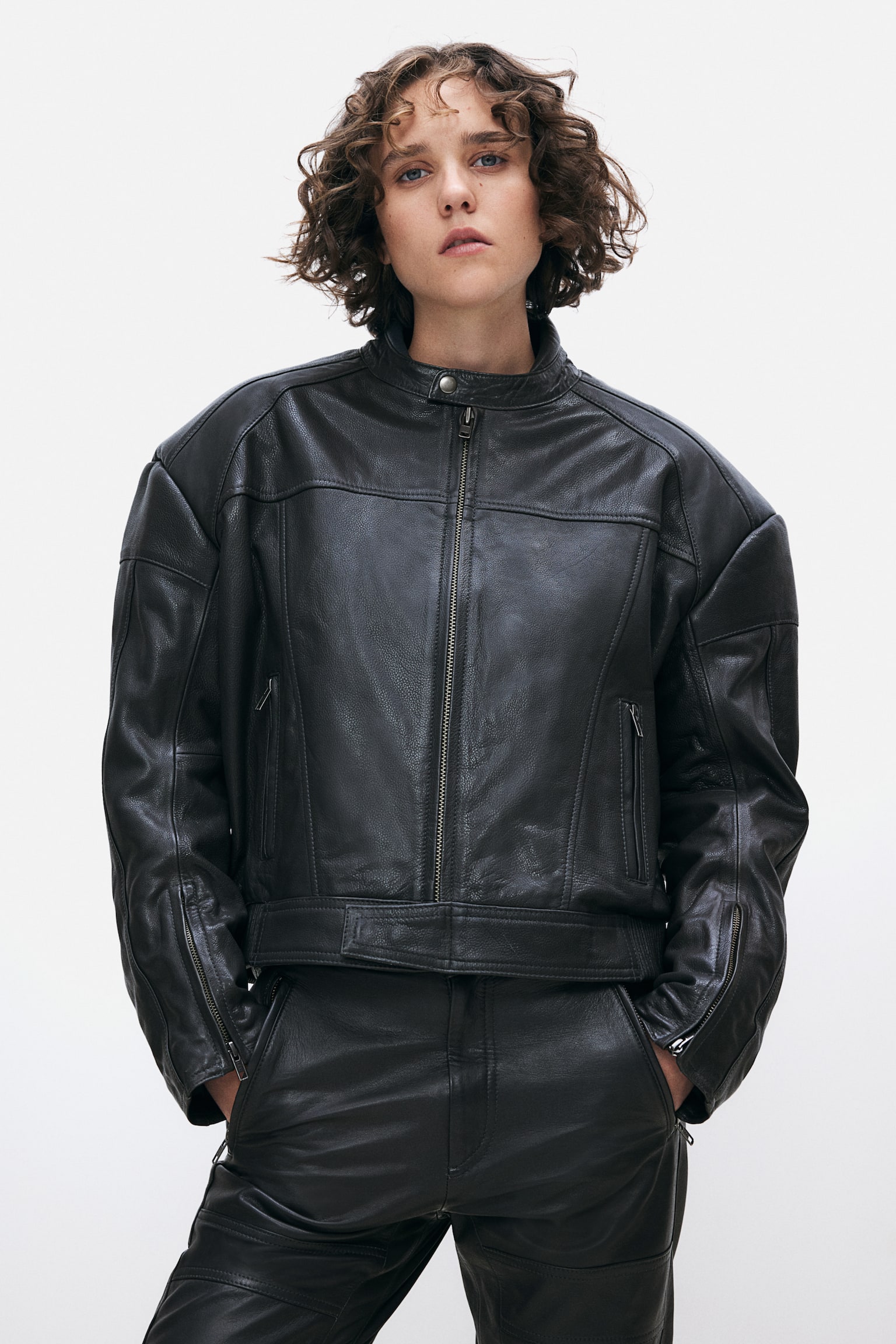 Boxy Style Leather Biker Jacket - Dark grey - 7