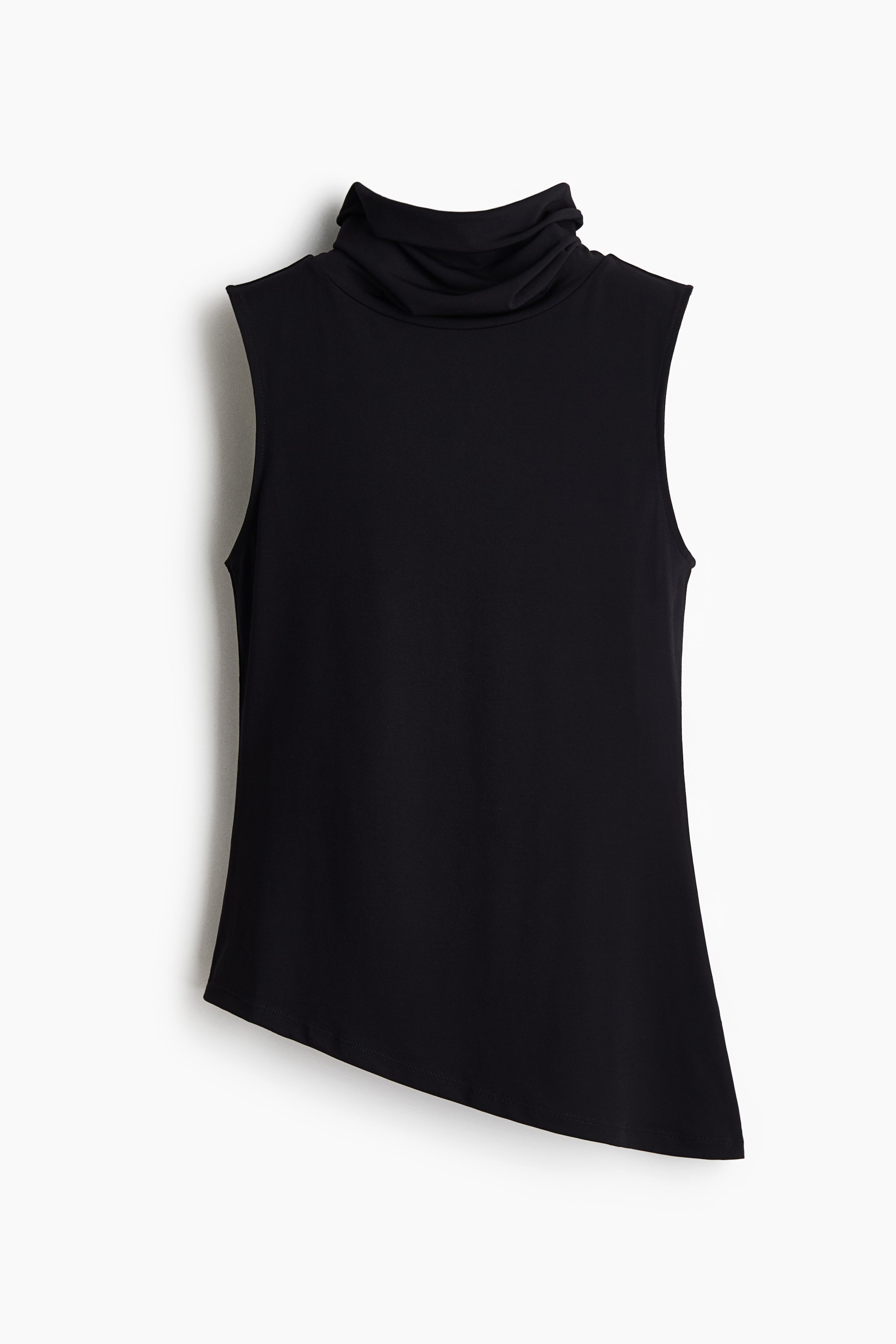 View larger image: A black sleeveless top is shown from the front, featuring a draped cowl neck and an asymmetric hemline sloping diagonally from left to right.