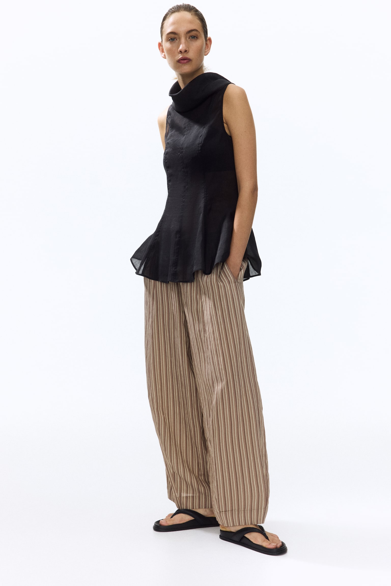 Modal-blend barrel trousers - Dark beige/Striped - 1