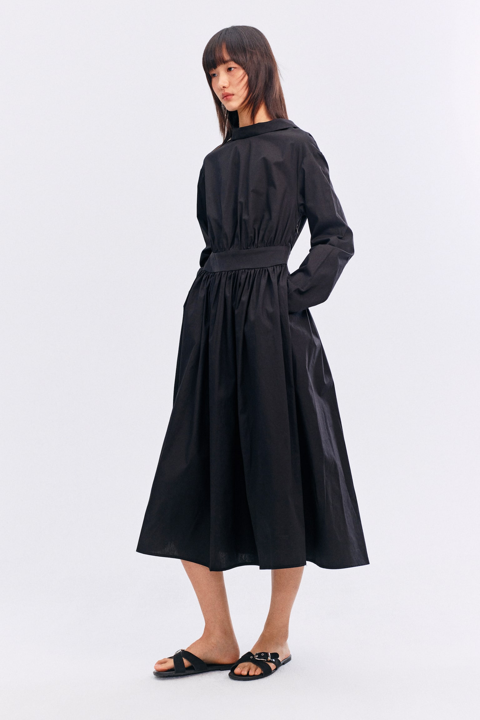 Reverse-Collar Shirt Dress - Black/White/striped - 1