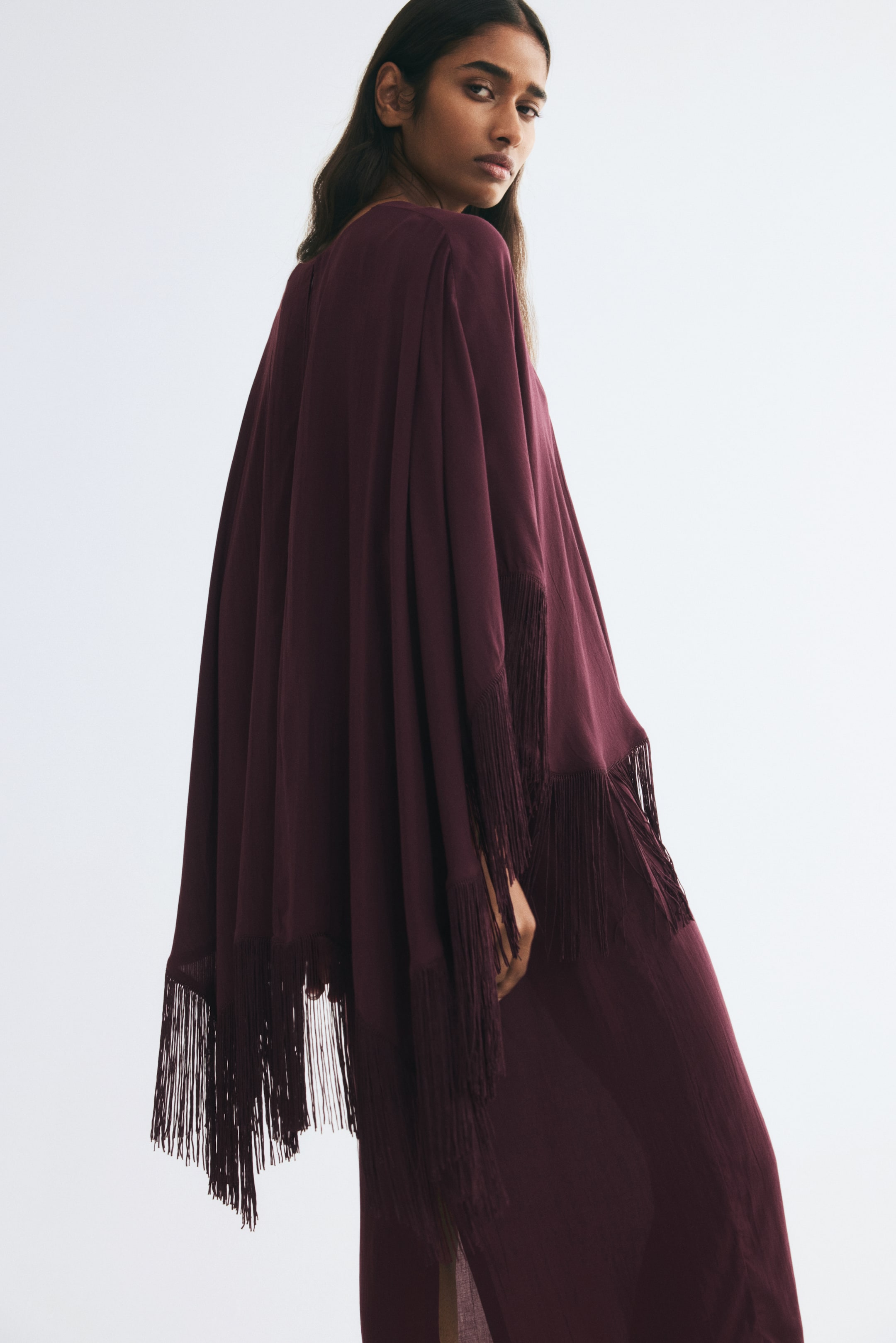 View larger image: Fringed cape-detail dress - Dark plum red - Ladies | H&M IN 1