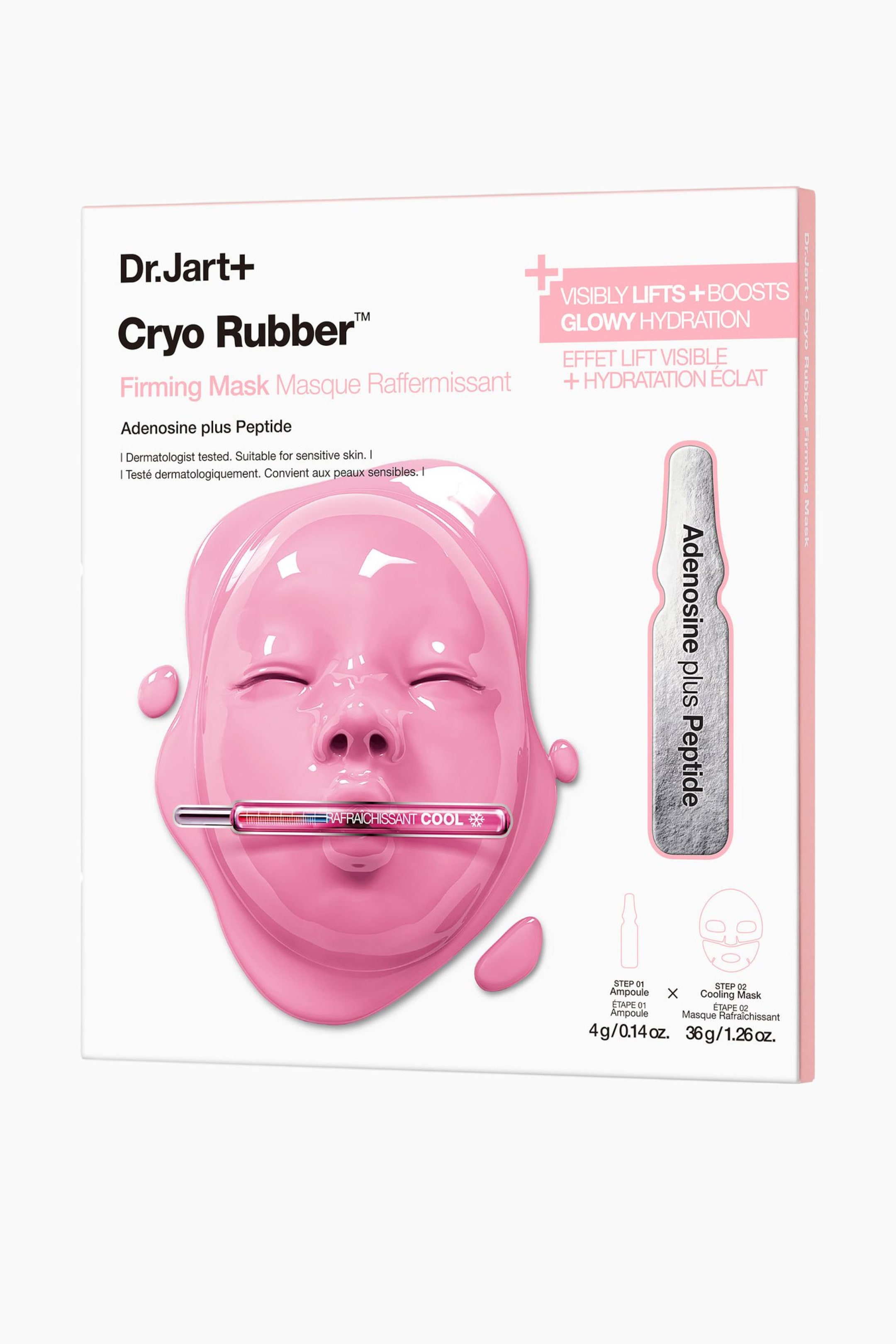 Visa större bild: Dr. Jart+ Cryo Rubber Firming Mask-förpackningen visar en rosa, ansiktsformad gummimask med en rosa och silverfärgad termometerliknande applikator horisontellt över munområdet. En silverampull märkt "Adenosine plus Peptide" är också synlig, vilket illustrerar produktens lyftande och återfuktande fördelar.
