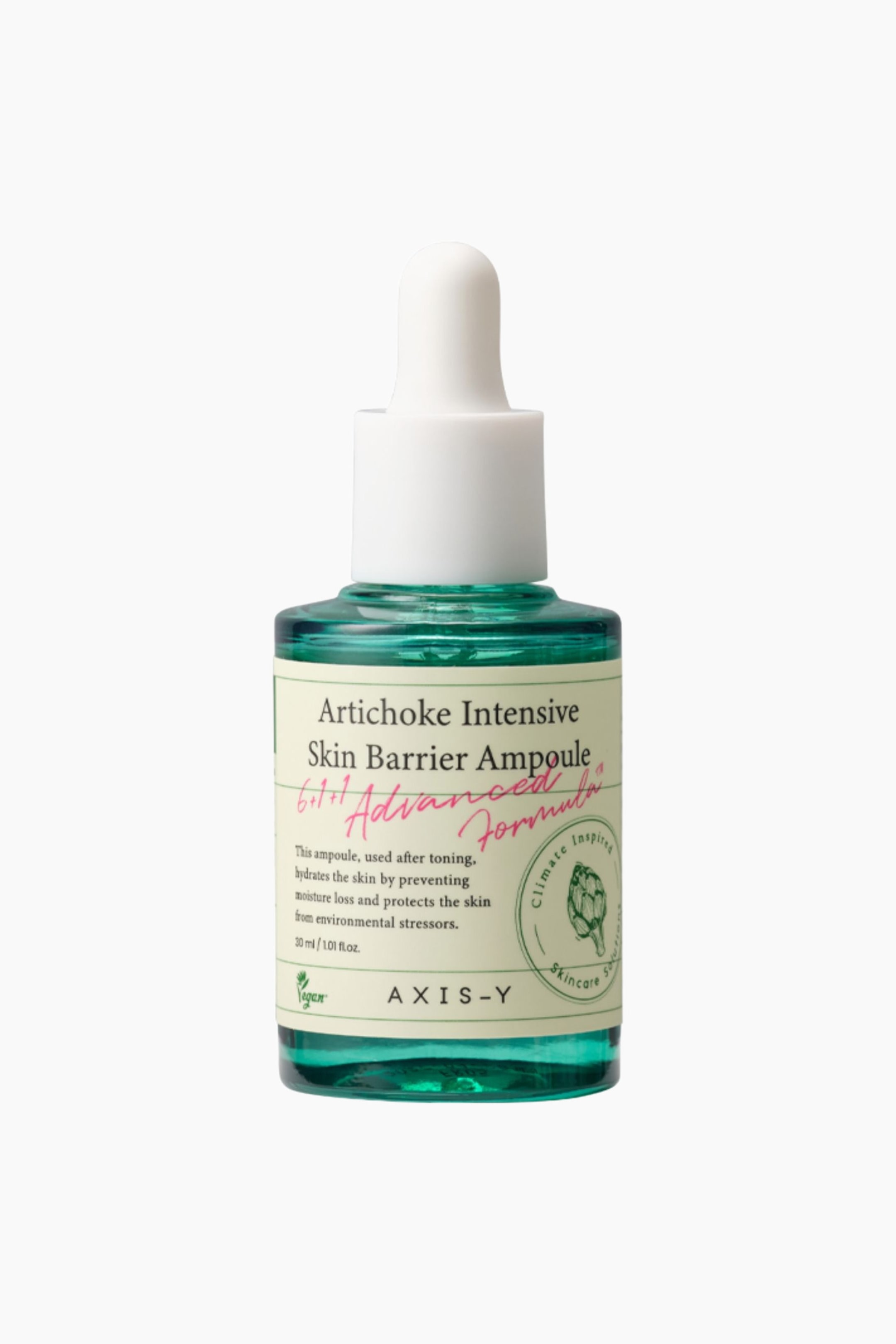 Visa större bild: En Artichoke Intensive Skin Barrier Ampoule står upprätt, vänd något åt höger, med en transparent mörkgrön flaska, en ljusbeige etikett och en vit droppkork. Etiketten visar tydligt produktnamnet och varumärket.