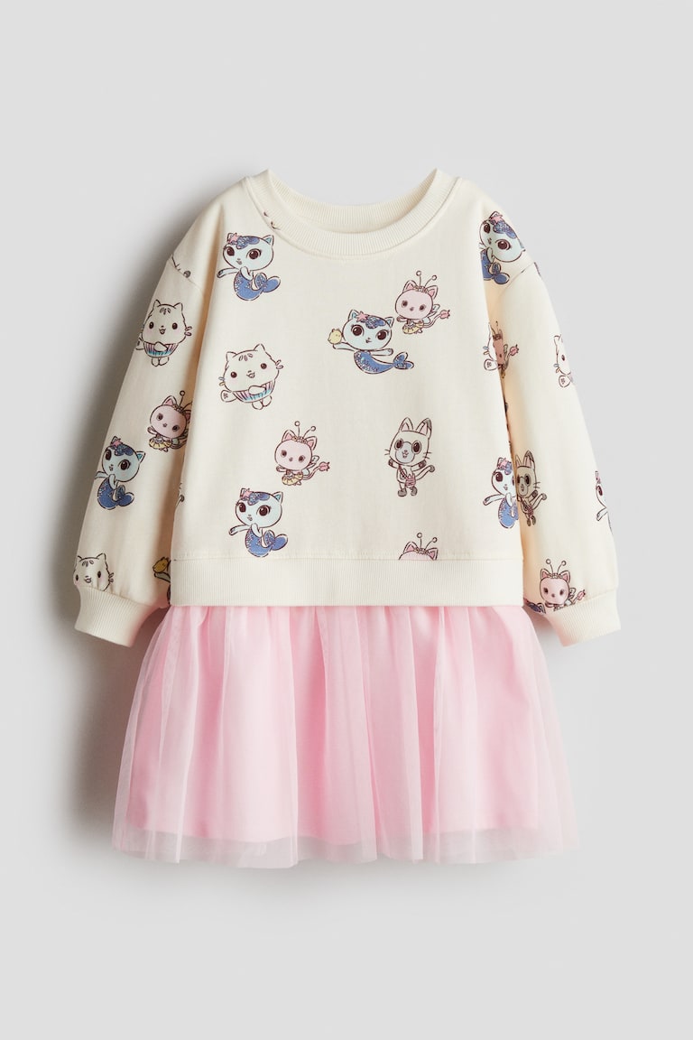 Printed tulle-skirt sweatshirt dress