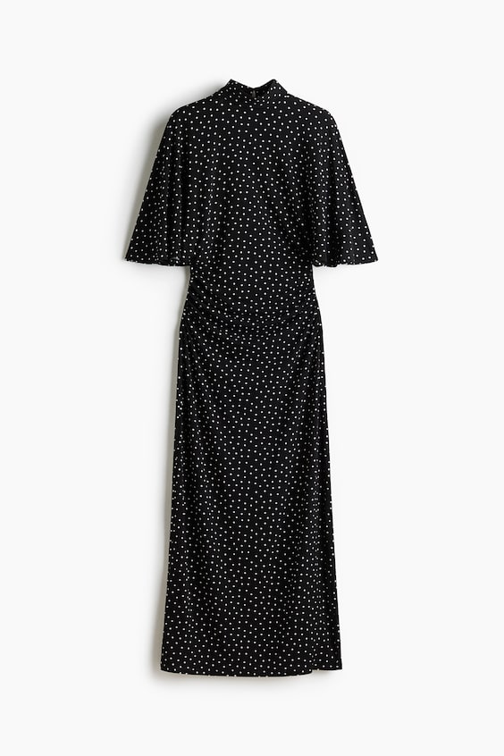 Женское платье H&M Butterfly-Sleeved Jersey Dress, цвет: Чёрный / В горошек