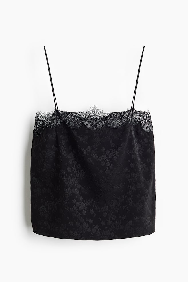 Lace-Trimmed Jacquard-Weave Top - Black - 1