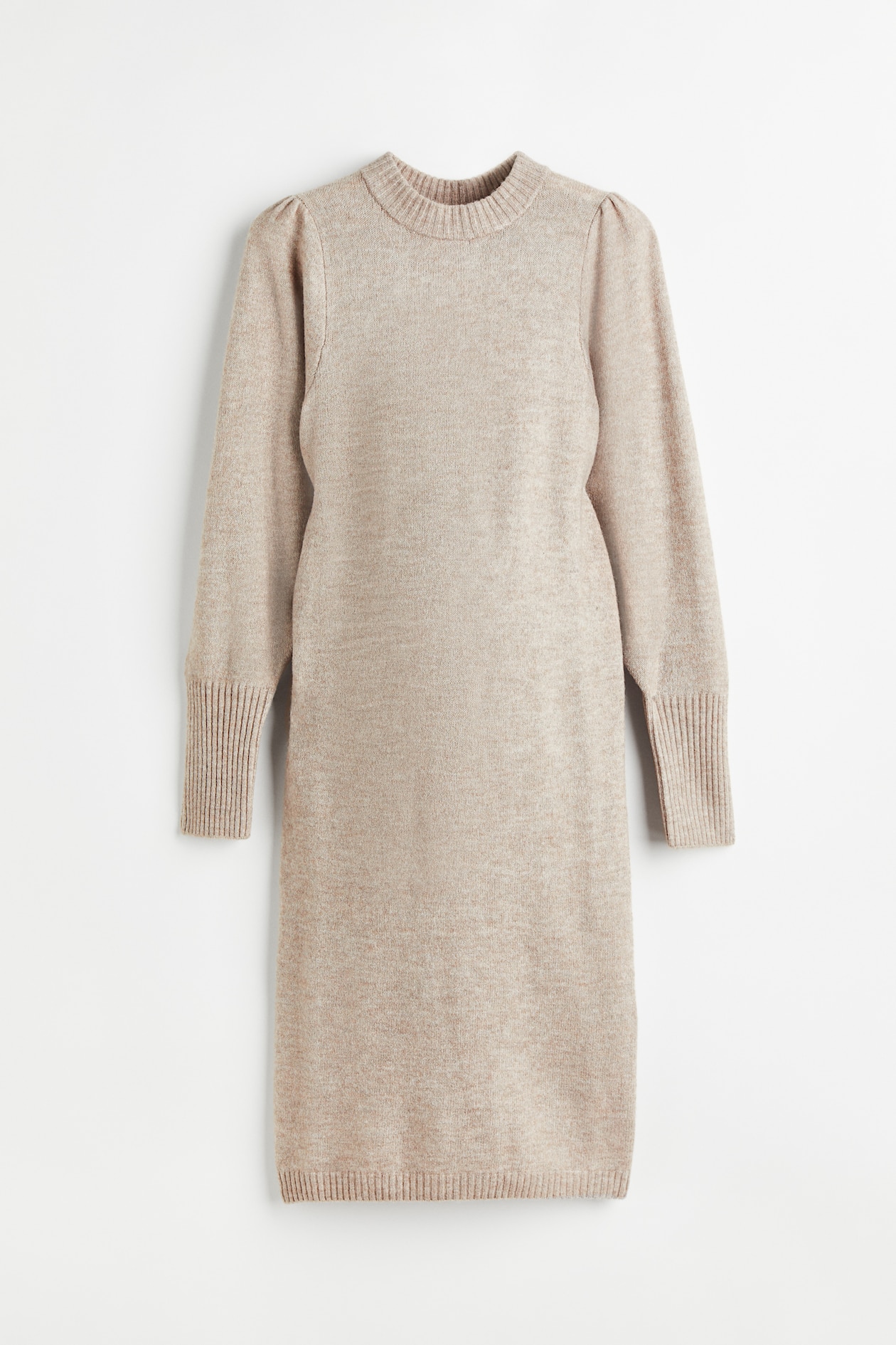 MAMA Knit Puff-sleeved Dress - Round Neck - Long sleeve - Beige melange ...