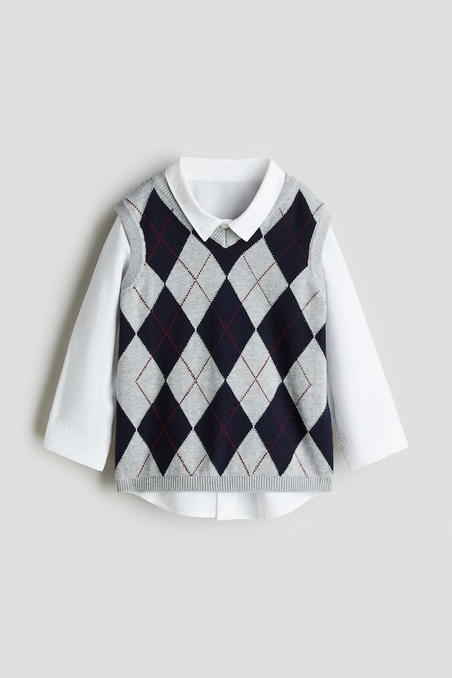 Shirt & Knit Vest Set - Light grey/Argyle pattern - 1