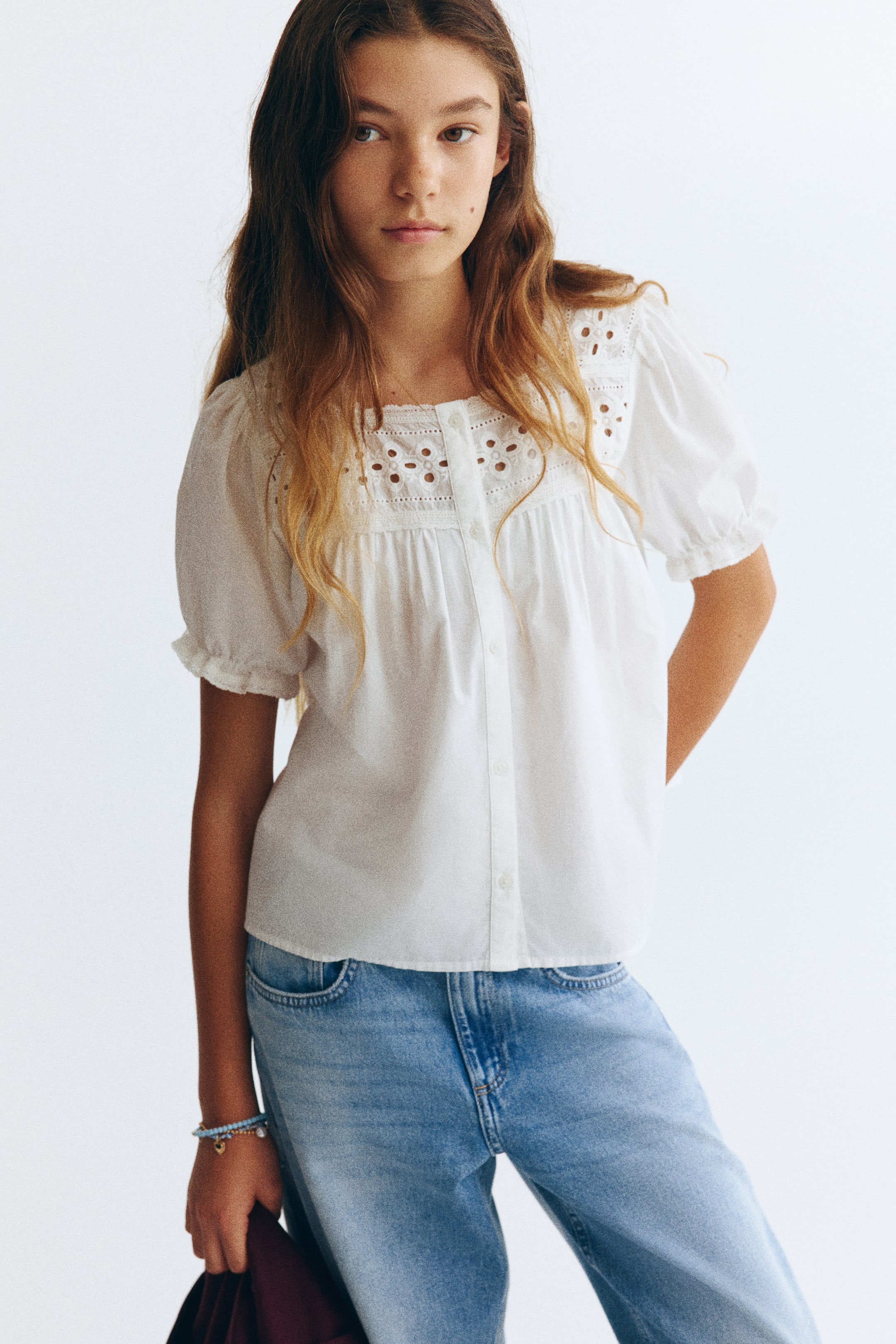 View larger image: Puff-Sleeved Cotton Blouse - Ivory - Kids | H&M US 1