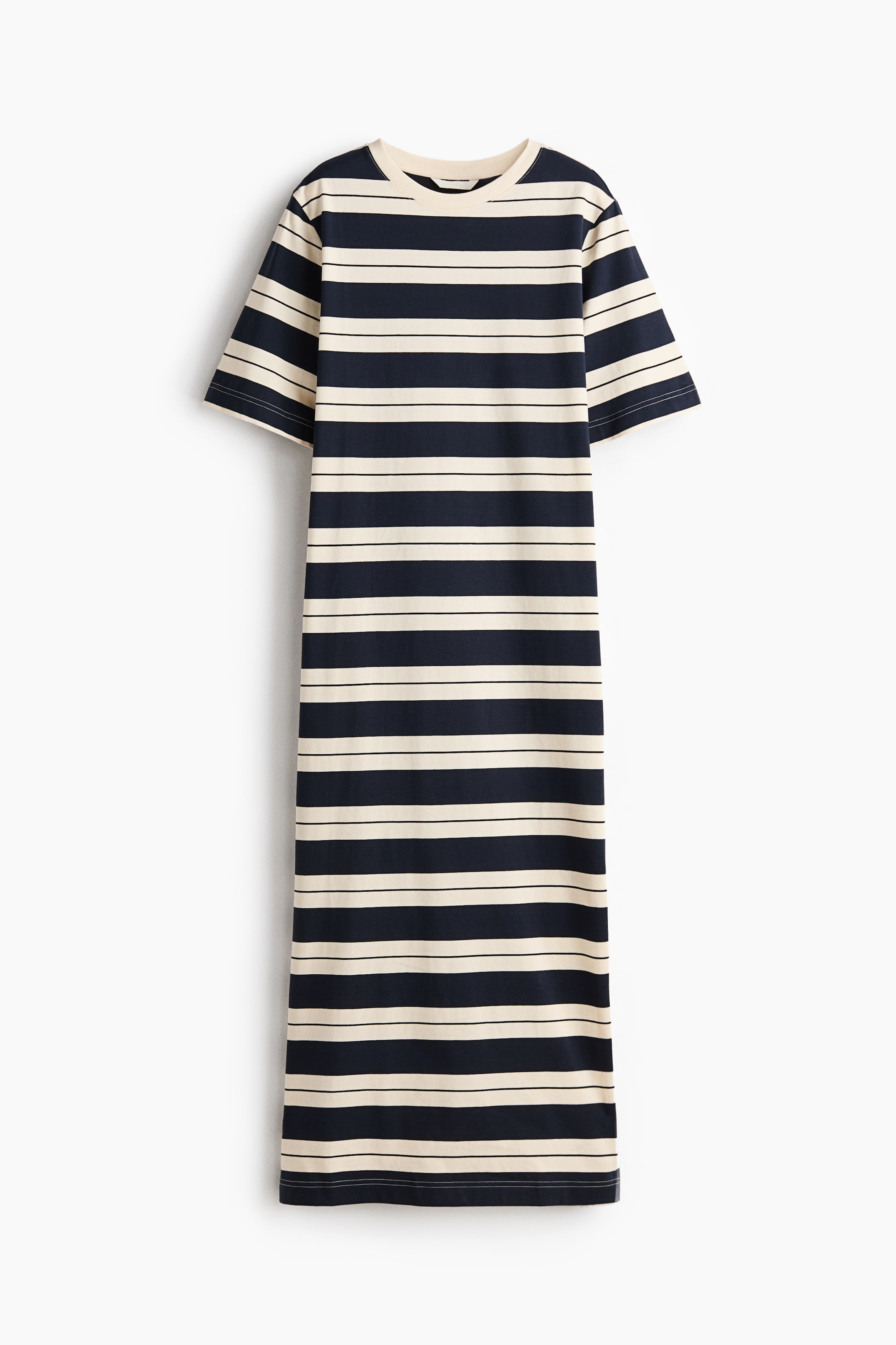 View larger image: "A long t-shirt dress in soft cotton jersey, facing front, is displaying navy blue and off-white horizontal stripes. It is featuring a ribbed round neckline, short sleeves, and a long hem with high slits at each side."