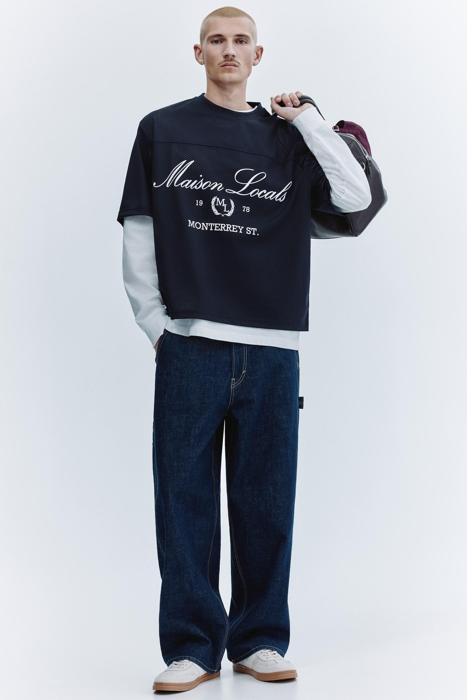 טישירט רשת עם הדפס Oversized Fit - כחול נייבי/Maison Locals/לבן/Maison Locals - 5