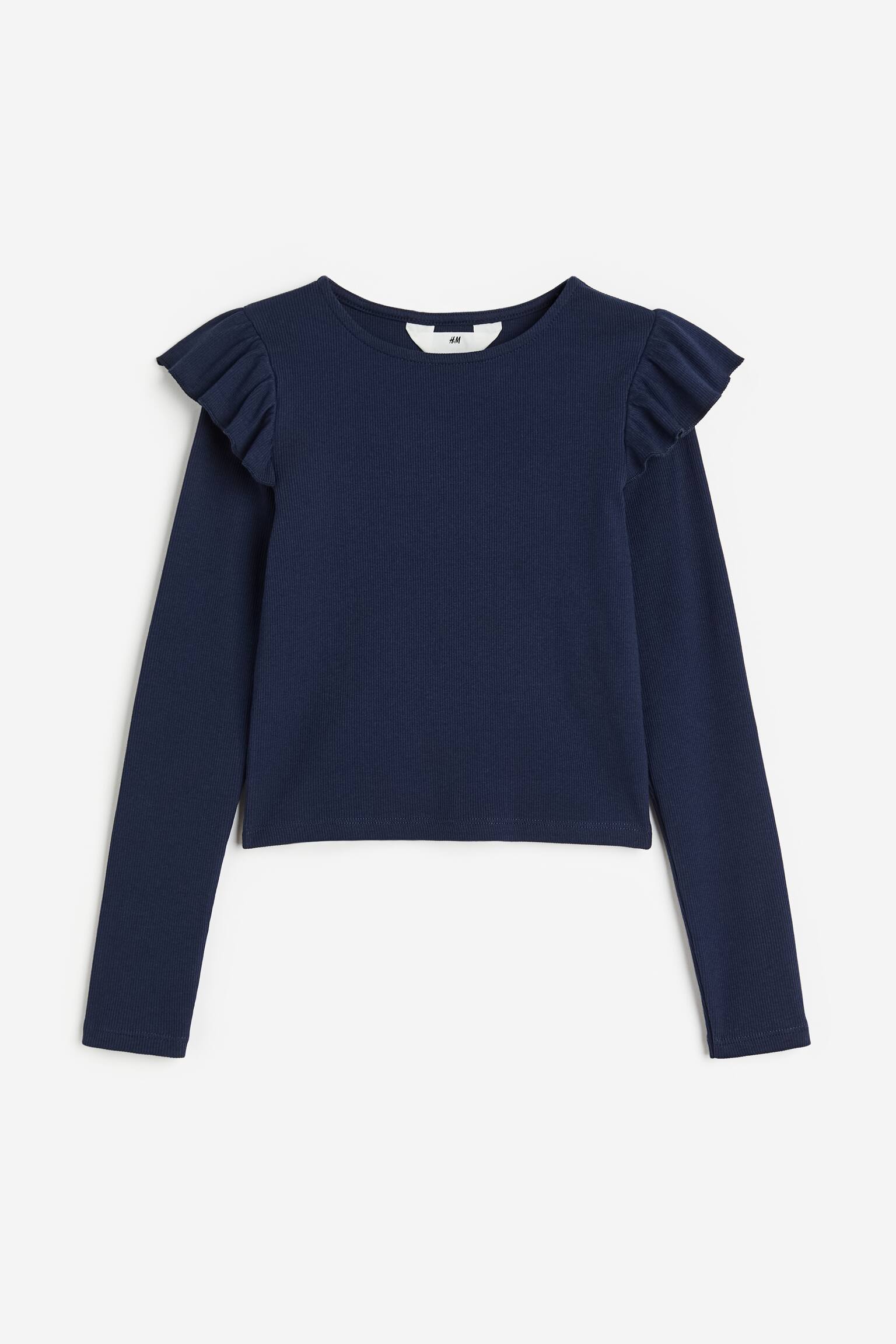 Flounce-trimmed ribbed top - Navy blue - 1