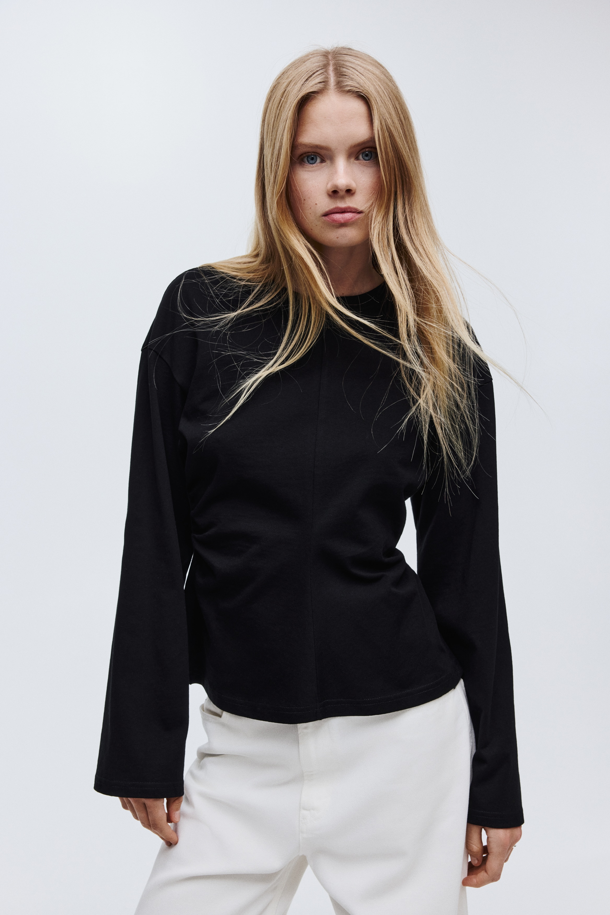 H & M - ギャザーコットンジャージートップス - ブラック H & M - ギャザーコットンジャージートップス - ブラック