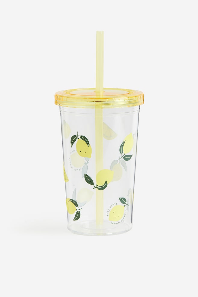 Gobelet en plastique à motif avec paille - Jaune/citrons/Orange/You Are My Sunshine/Vert/dinosaures - 1