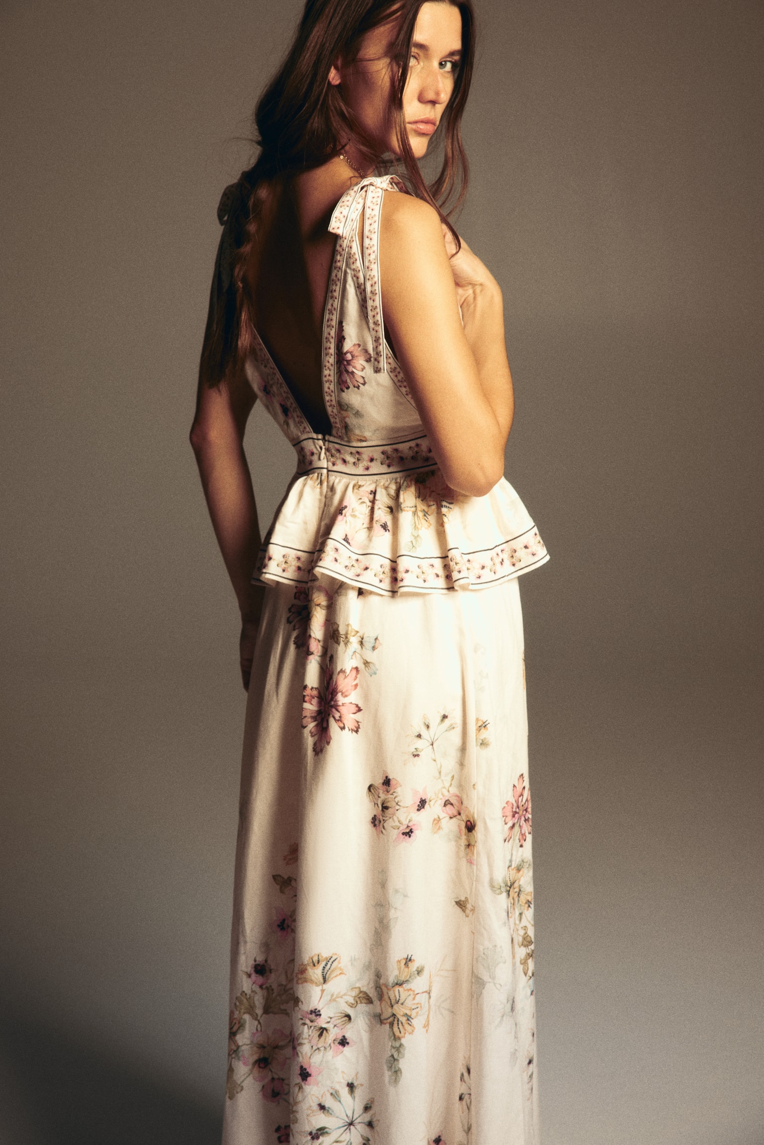 Linen-blend tie-strap dress - Light beige/Floral - 6