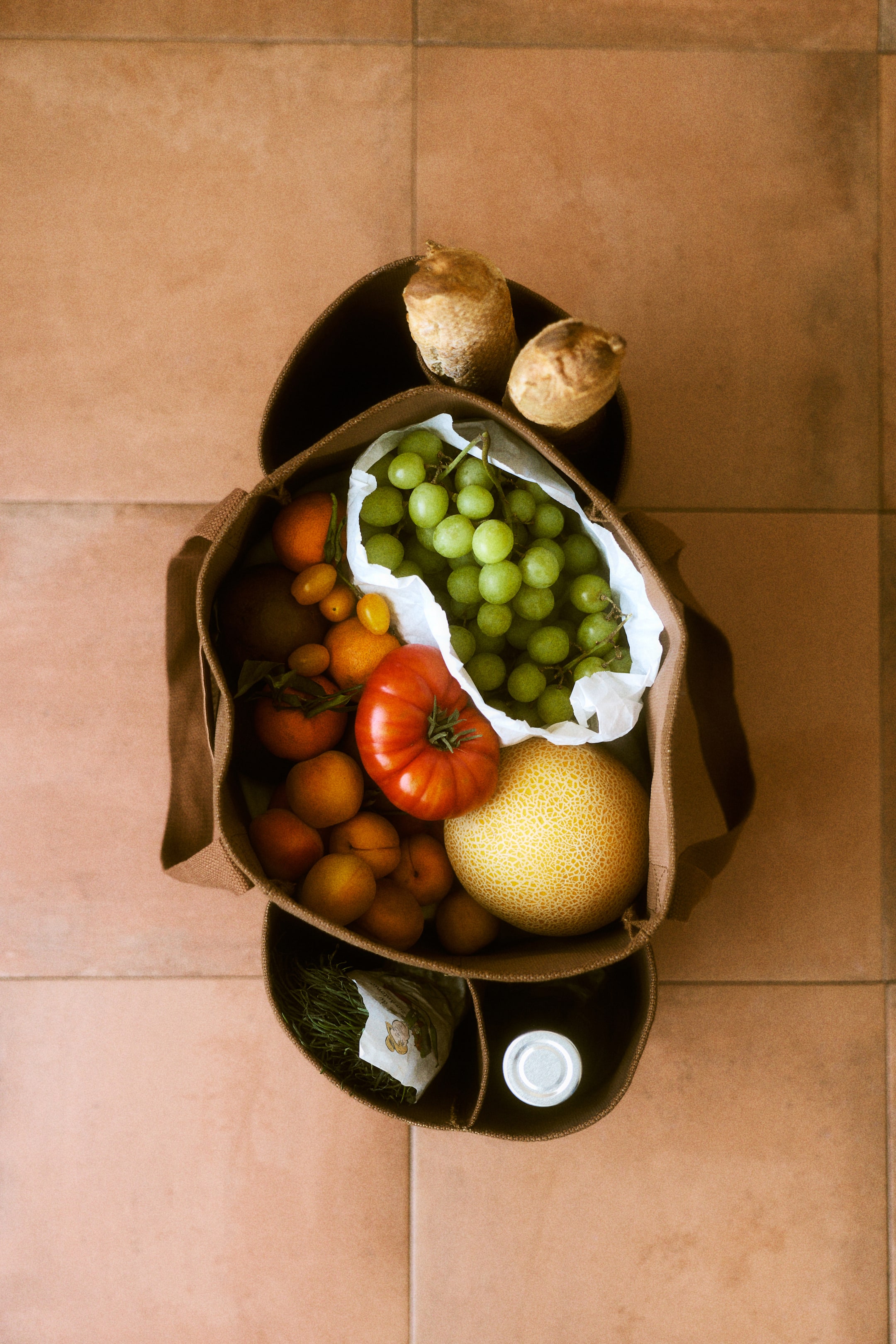 View larger image: A brown multi-compartment reusable shopping bag is viewed from directly above, with its central section holding green grapes, a red tomato, a yellow cantaloupe, and various small orange fruits. Two side compartments contain green herbs and a white bottle, while two small baguettes protrude from the top.
