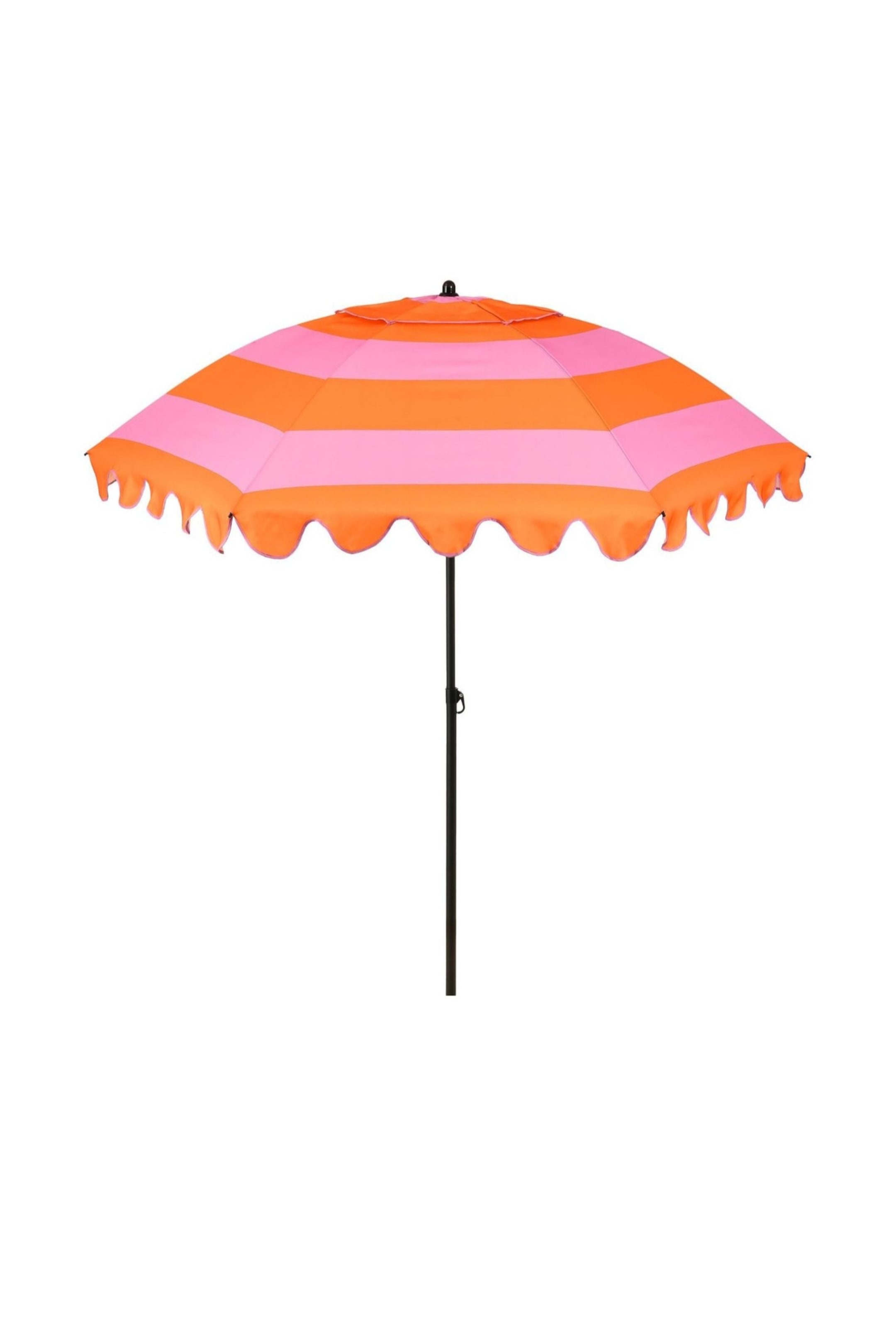 Agrandir l'image: Un parapluie présente des rayures horizontales alternées d'orange vif et de rose sur son auvent rond. Il arbore un bord festonné et un mât central sombre s'étendant vers le bas.