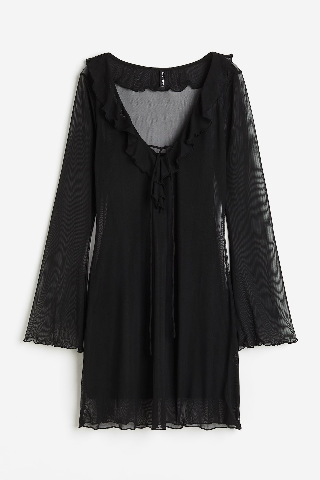 Flounce-trimmed Mesh Dress - V-neck - Long sleeve - Black - Ladies | H&M US