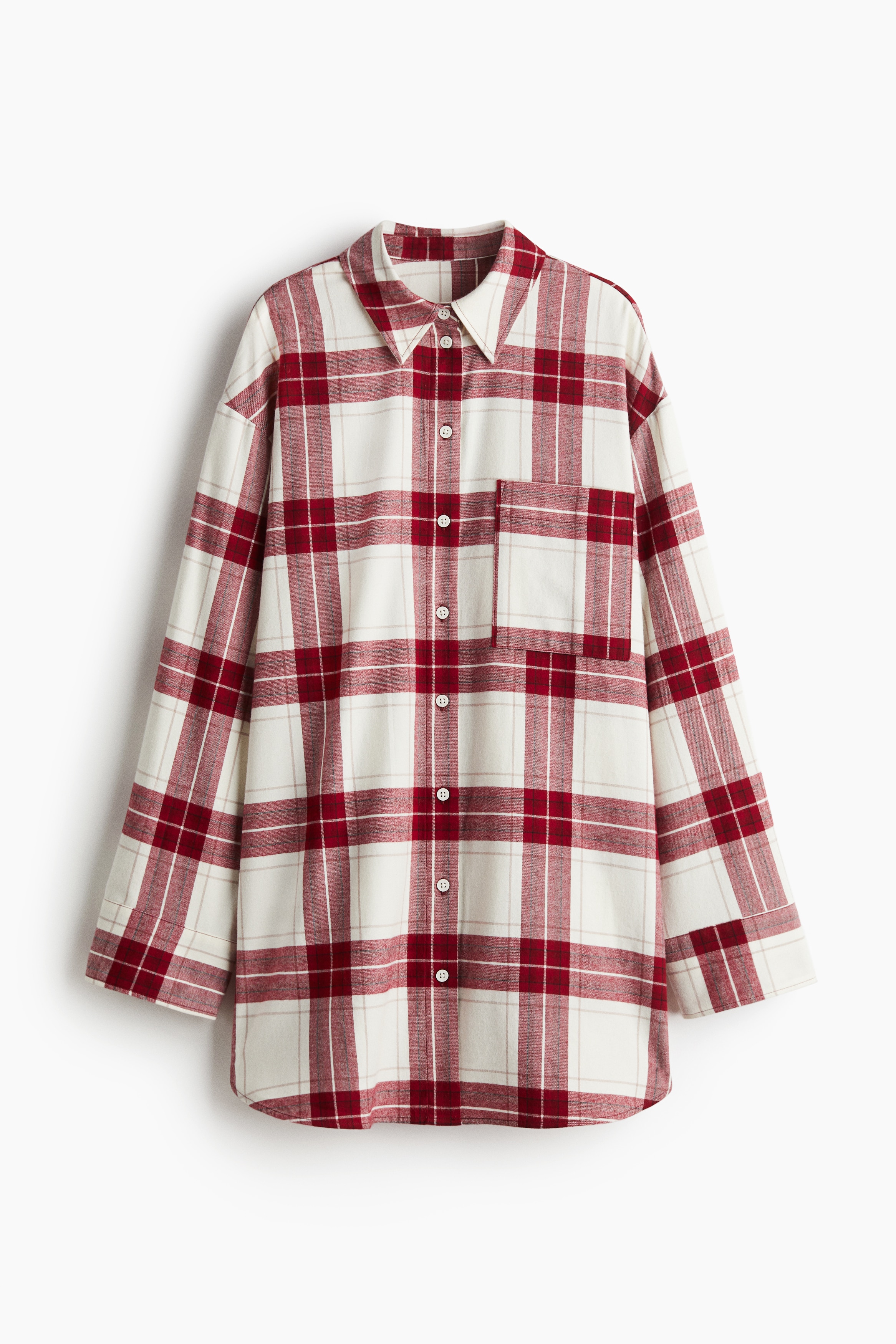 Camicia da notte in flanella di cotone - Crema/rosso scuro quadri