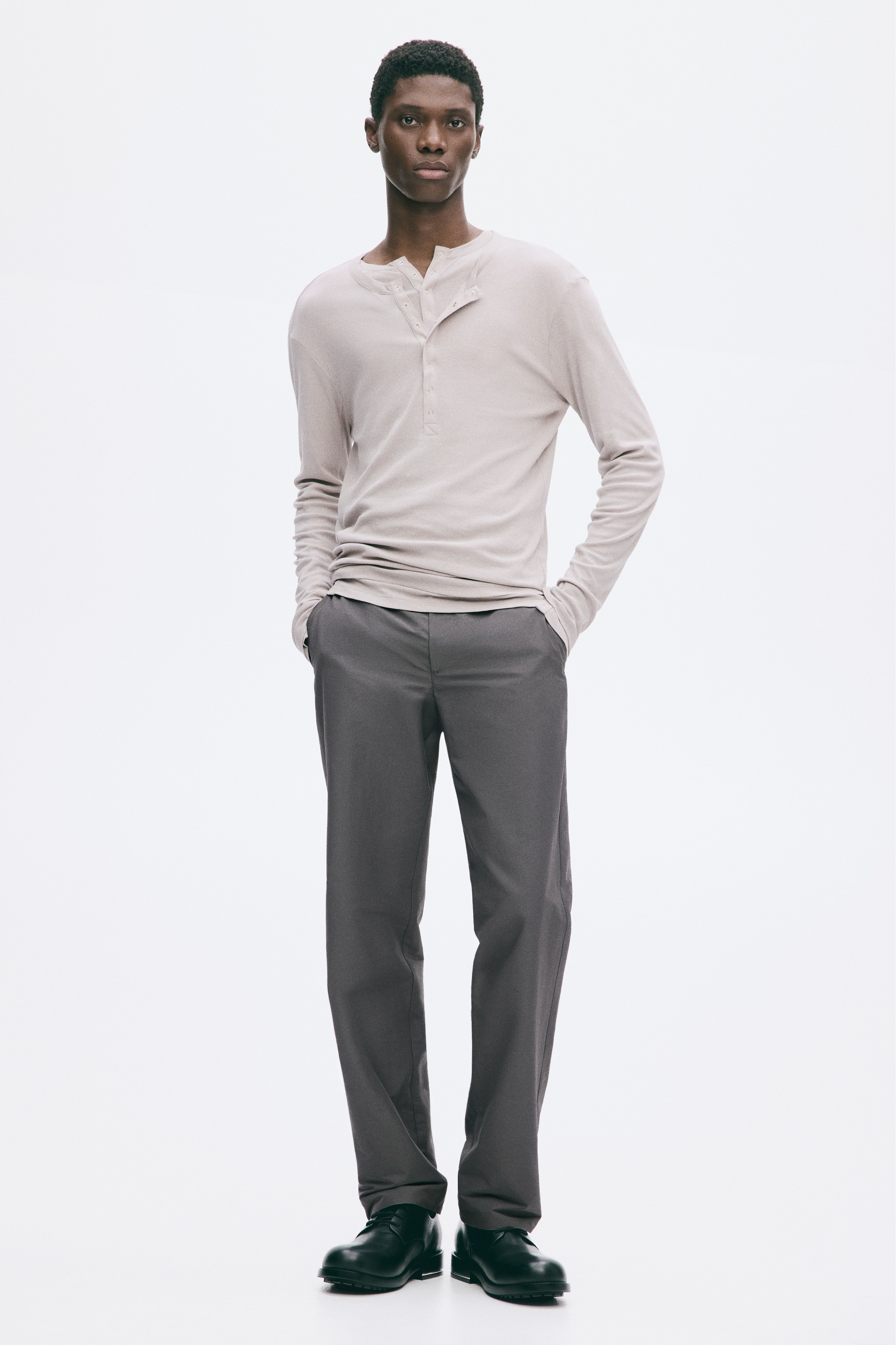 Maglia a serafino in cotone Slim Fit - Grigio chiaro/Verde kaki scuro
