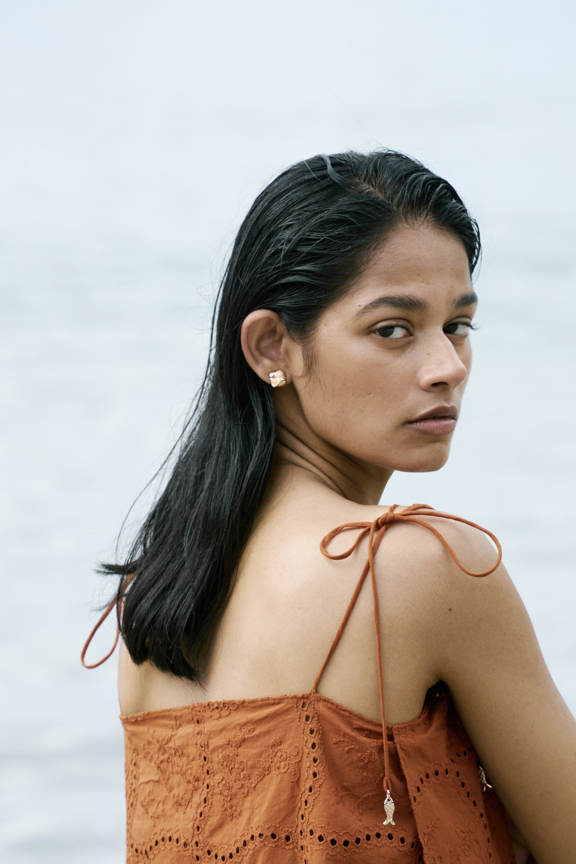Broderie anglaise tie-strap top - Burnt orange