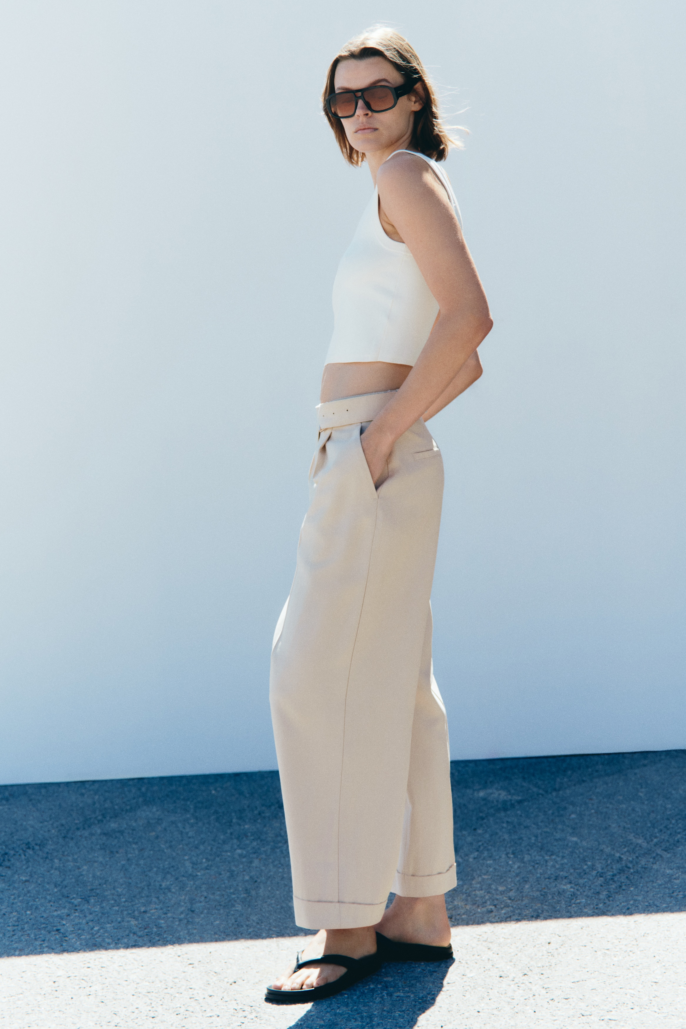 Rechte broek met ceintuur - Lichtbeige/Roomwit/Zwart/Donkerpaars