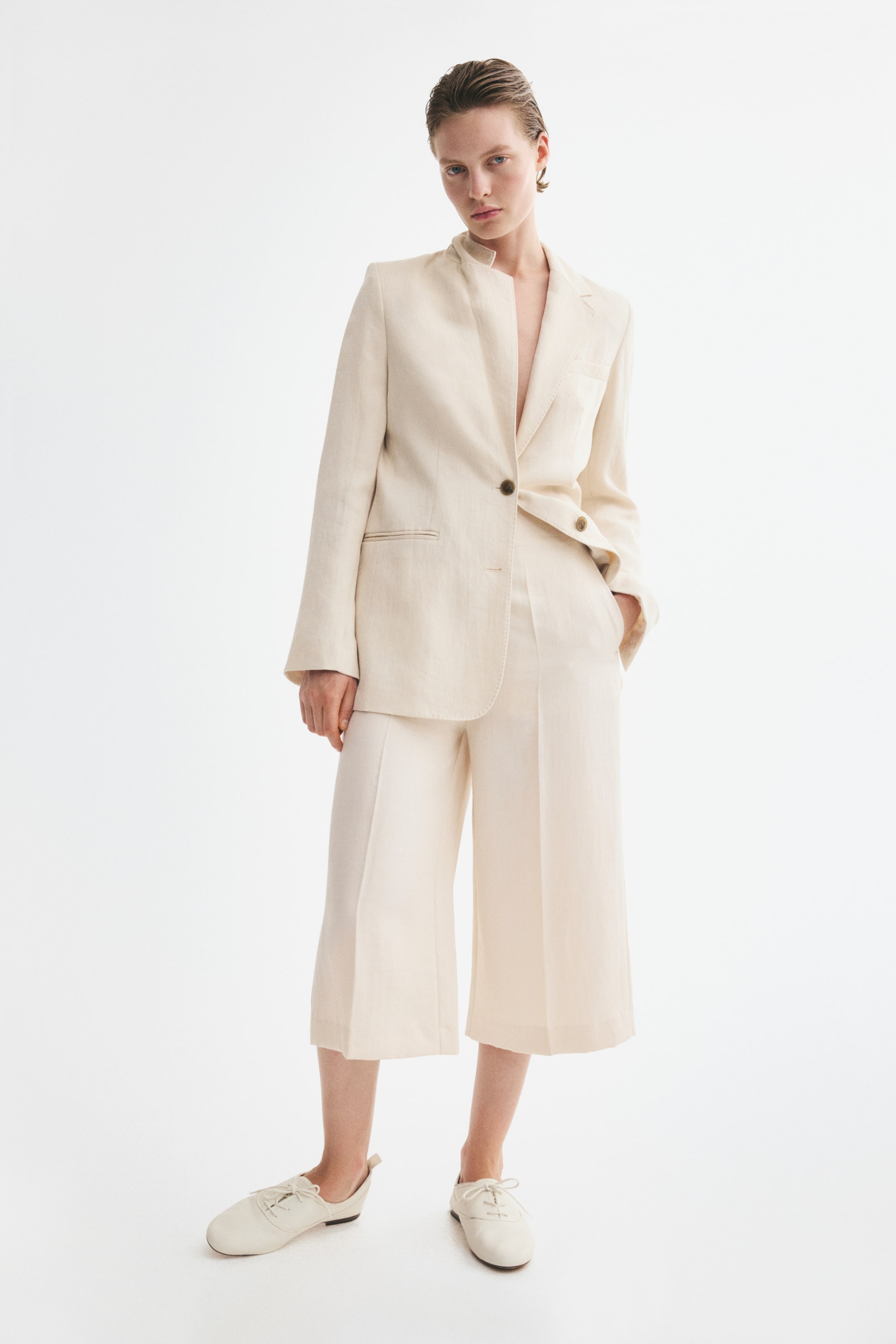 Button-Detail Twill Culottes