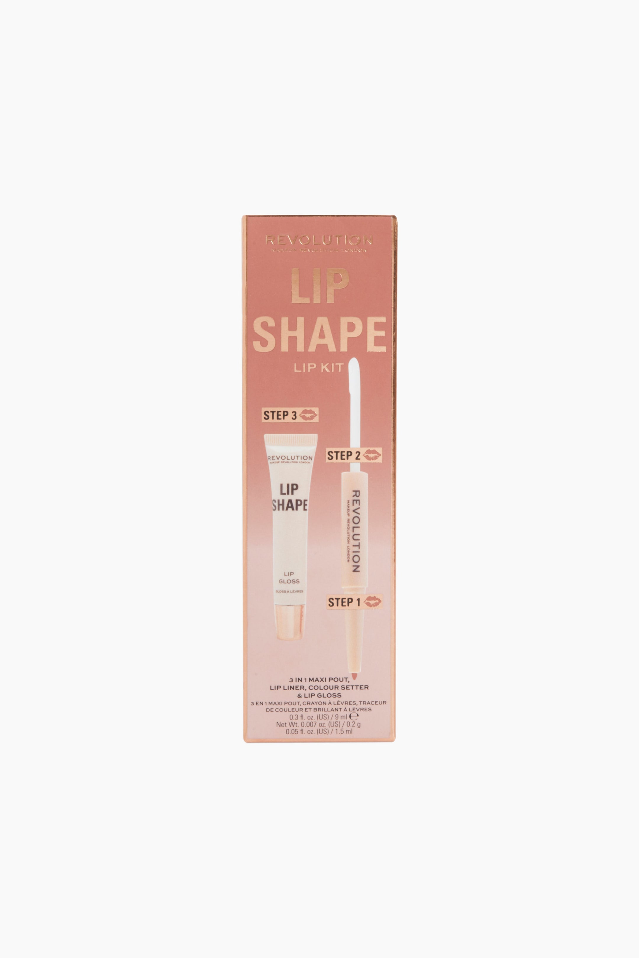 Visa större bild: Revolution Lip Shape Lip Kit står upprätt och visar upp sin rektangulära förpackning i metallisk roséguld från en framifrån-vinkel. Framsidan av asken visar illustrationer av den trestegs appliceringsprocessen, där en dubbelsidig läppenna och ett färgfixerande verktyg avbildas tillsammans med en klämburk med läppglans.