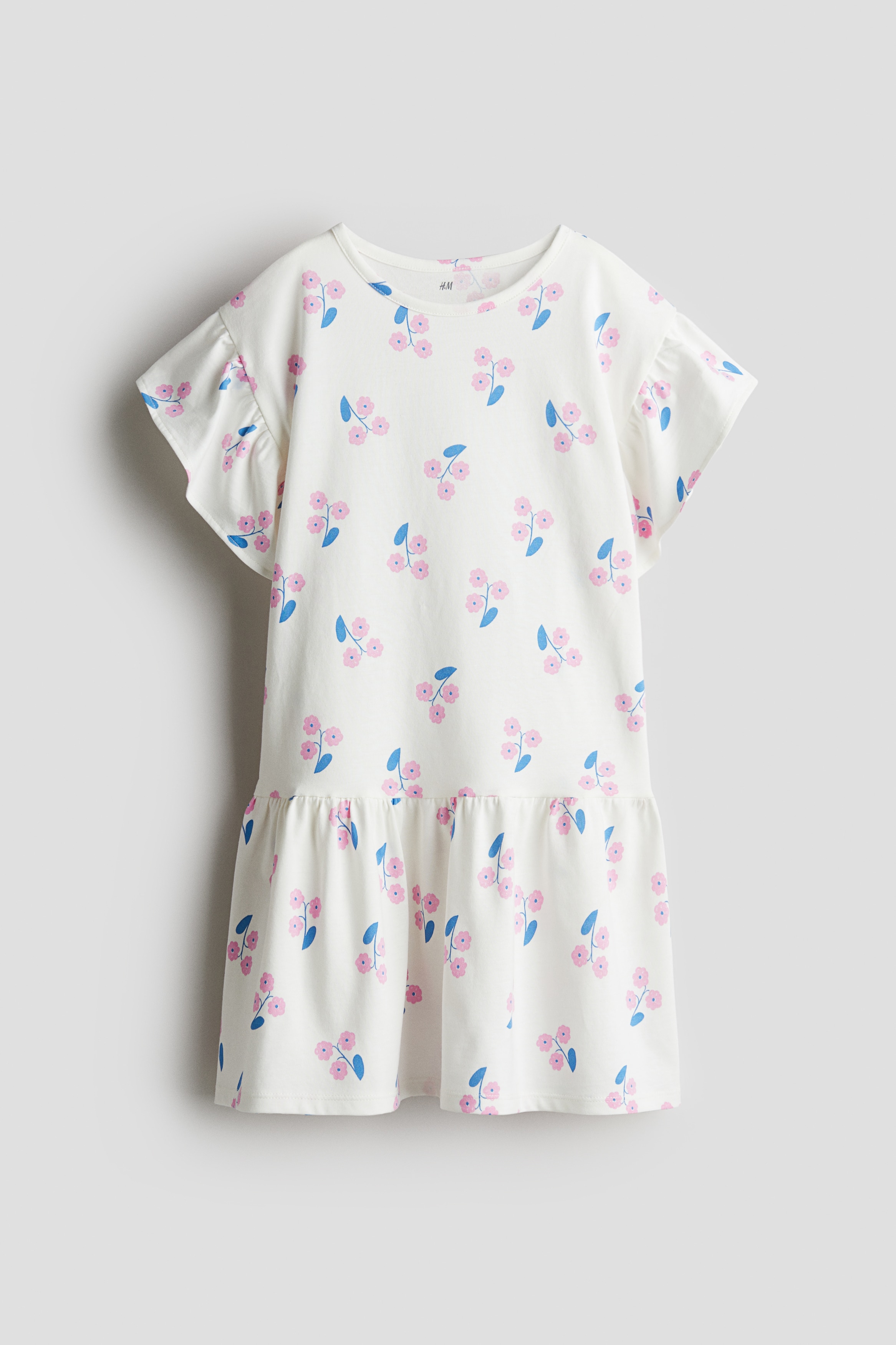 Flutter-sleeved cotton dress - White/Floral/Bright red/Raspberries