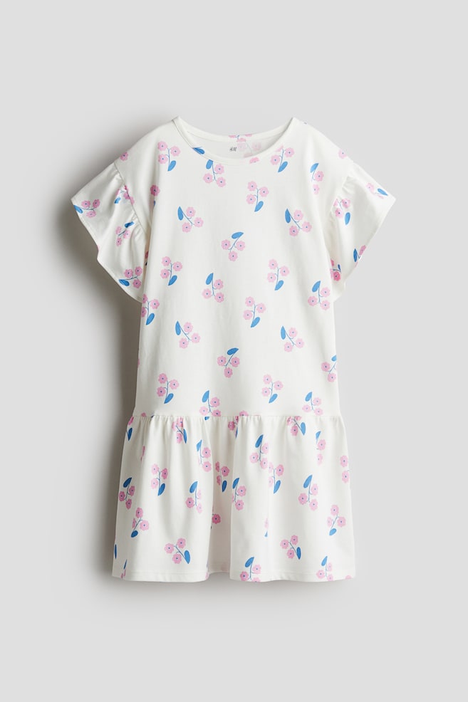 Katoenen jurk met volantmouwtjes - Wit/bloemen - 1