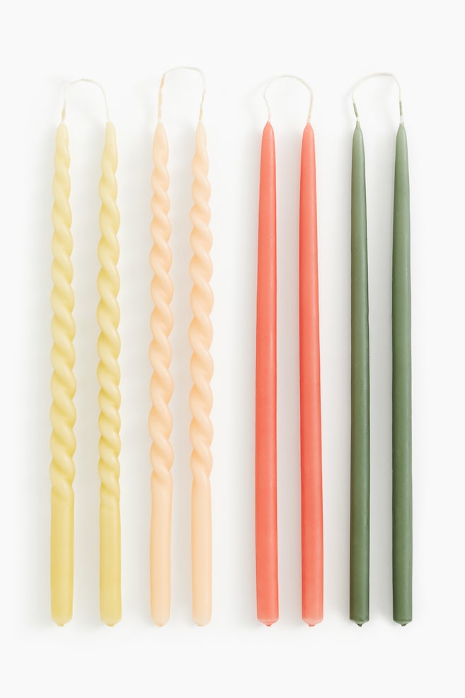Lot de 8 fines bougies effilées - Orange/jaune clair/vert/Grège/beige/blanc - 1