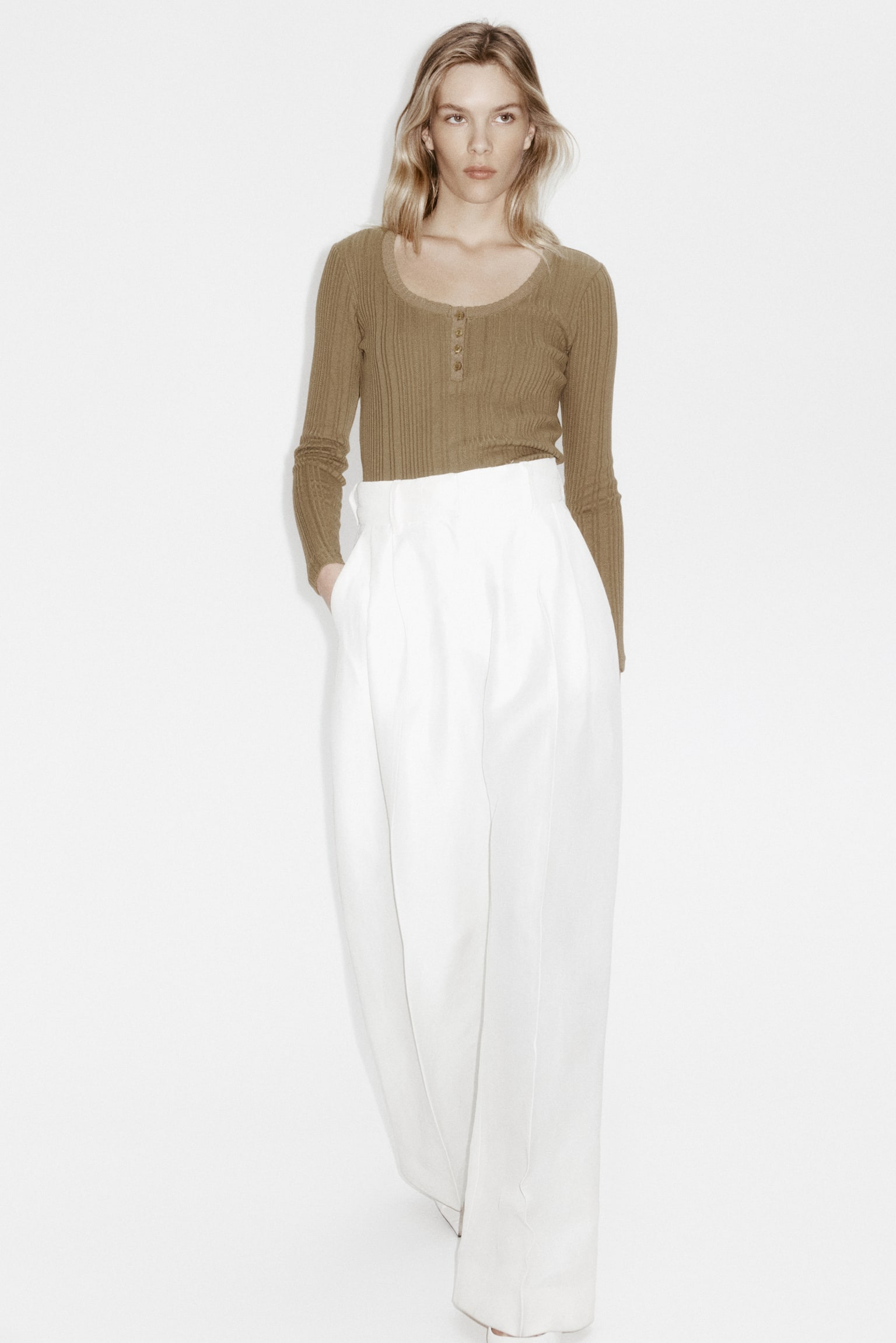 Pointelle-knit cotton top - Vert kaki/Blanc - 2