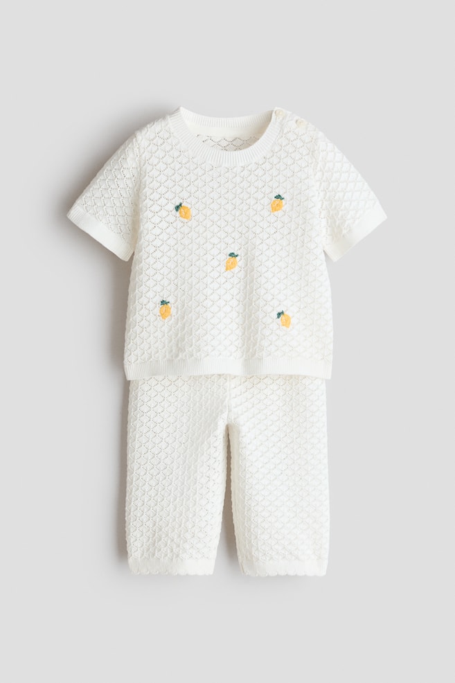 2-Piece Pointelle-Knit Cotton Set - White/lemons/Light beige/striped/Light beige/striped/Light beige/pink striped/Light brown - 1