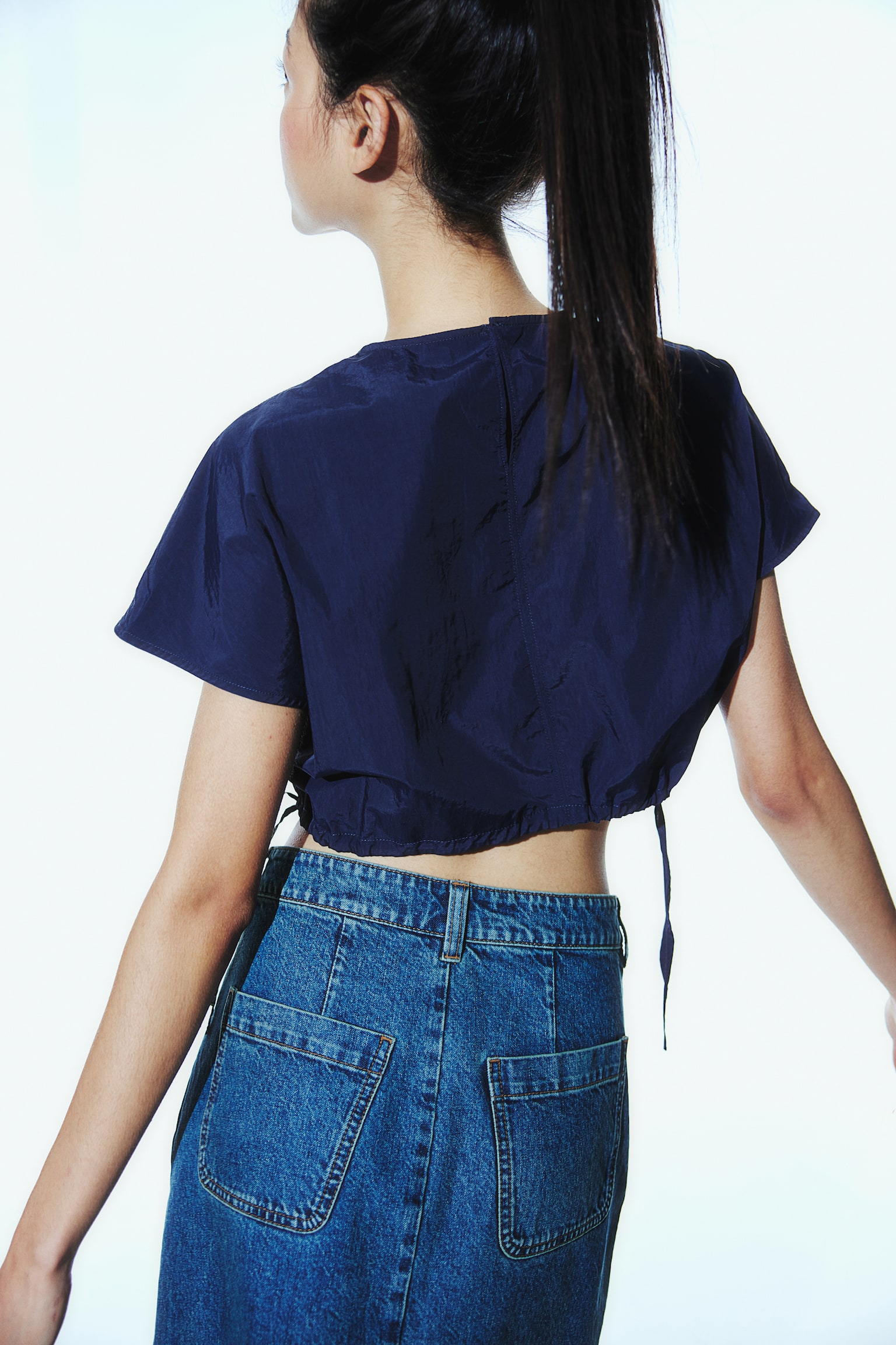 Drawstring-detail cropped top - Navy blue/White - 4