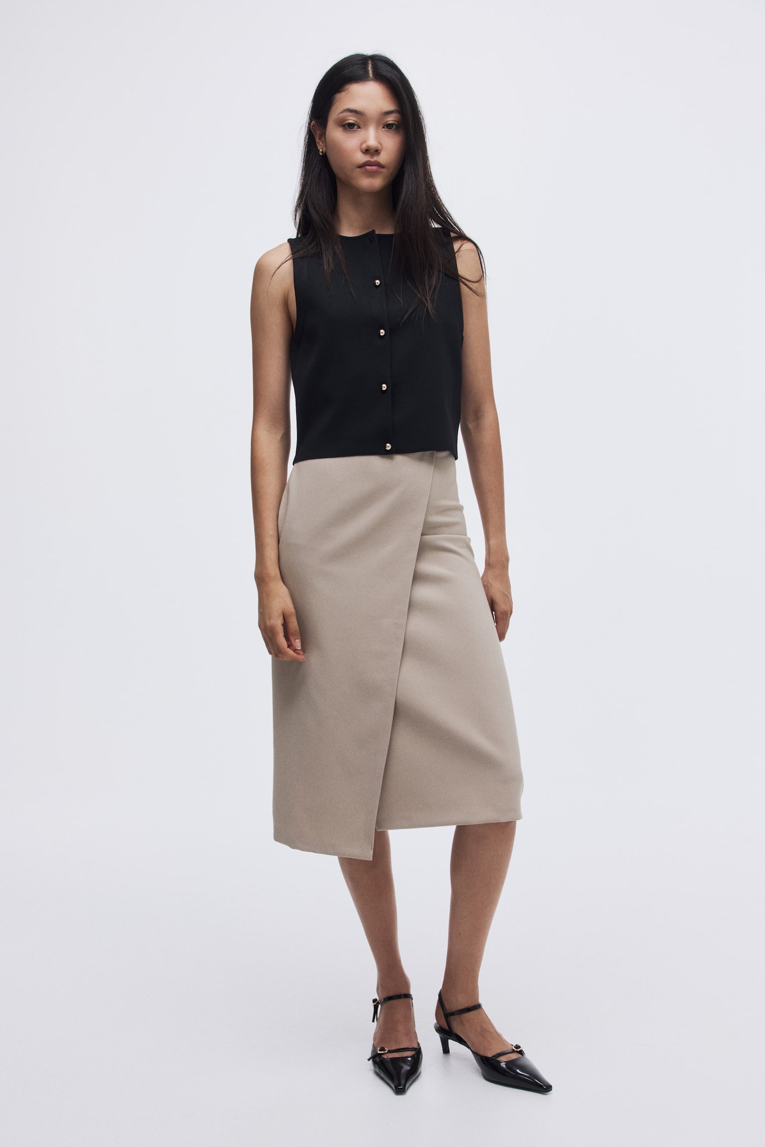 交疊式中長裙 - 米色/咖啡色 - 3