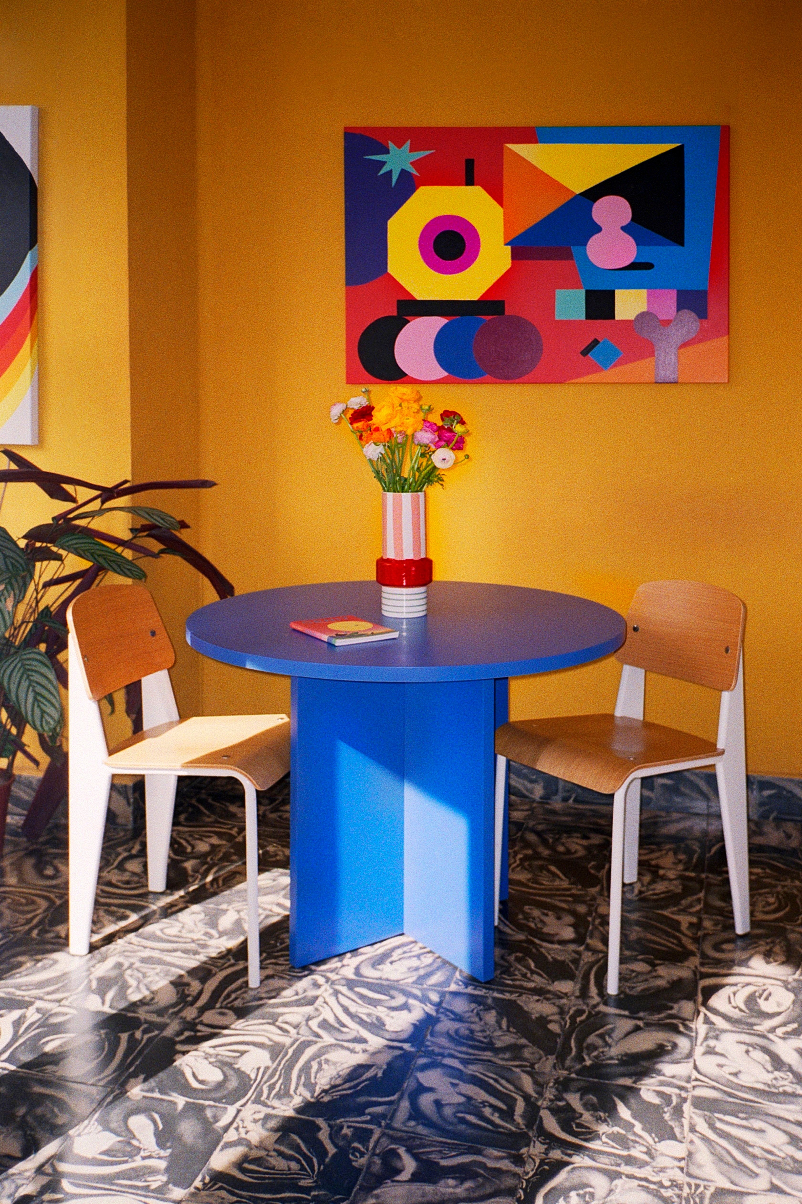 Round Dining Table Laminated Top - Prussian Blue/Taupe/Flame Red/Cedar Green