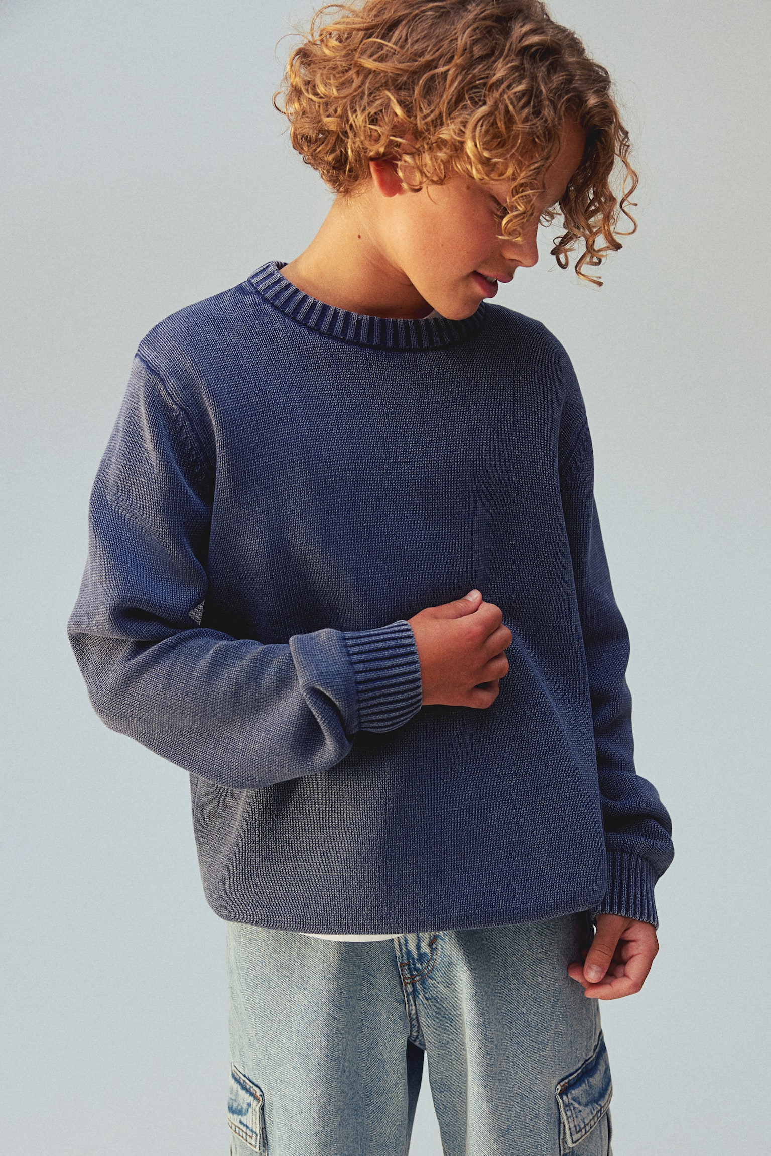 Loose-fit jumper - Washed dark blue/Beige - 2