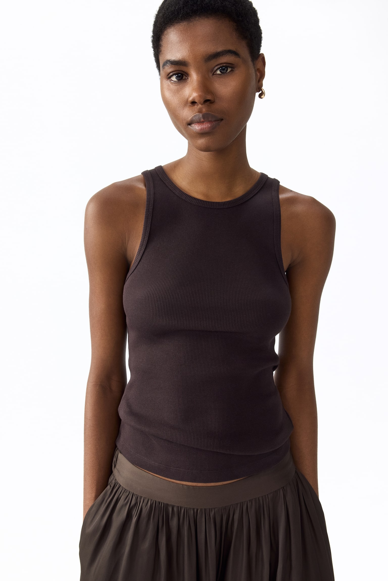 Ribbed silk-blend vest top - Dark brown/Black/White/Dark beige - 2