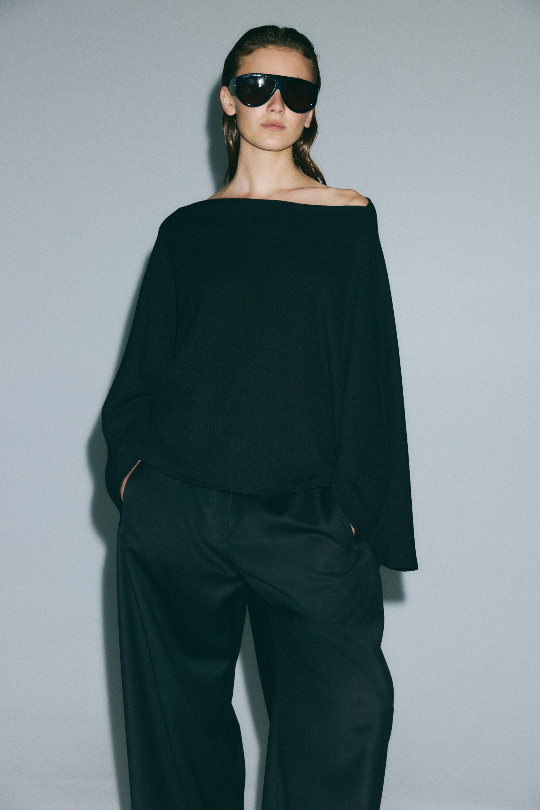 Crinkled Batwing-Sleeved Top