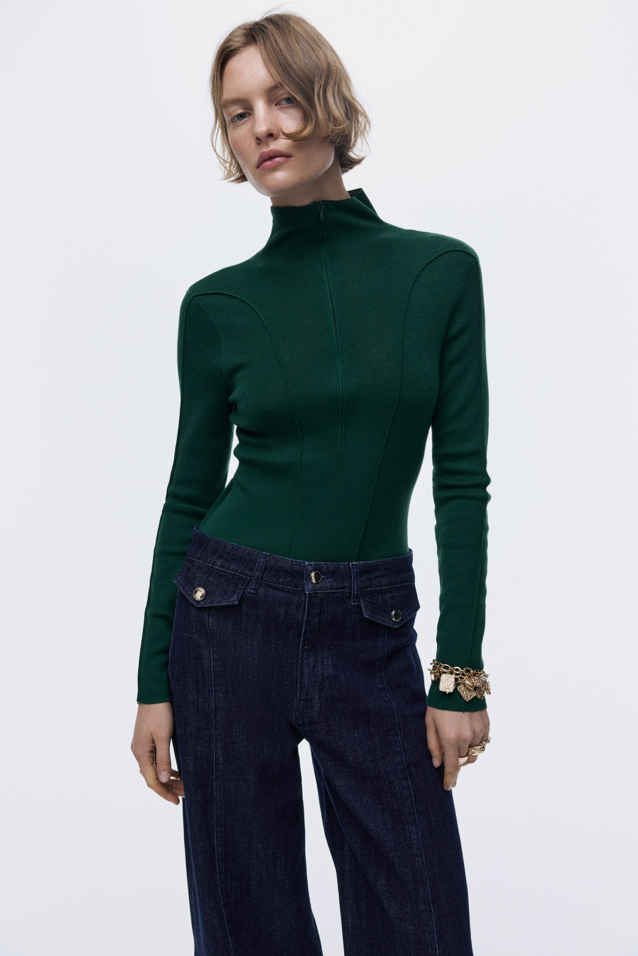 Ampliar la imagen: Top de cuello alto con zíper - Verde oscuro - Ladies | H&M MX 4