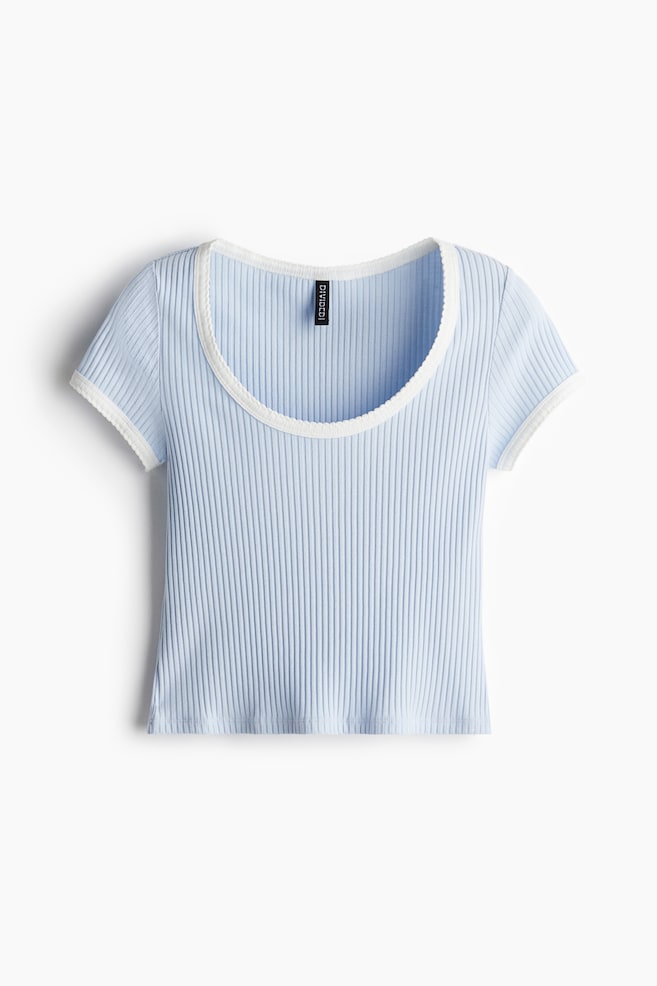 Picot-Trimmed Ribbed T-Shirt - Light blue/Cream/Black - 1